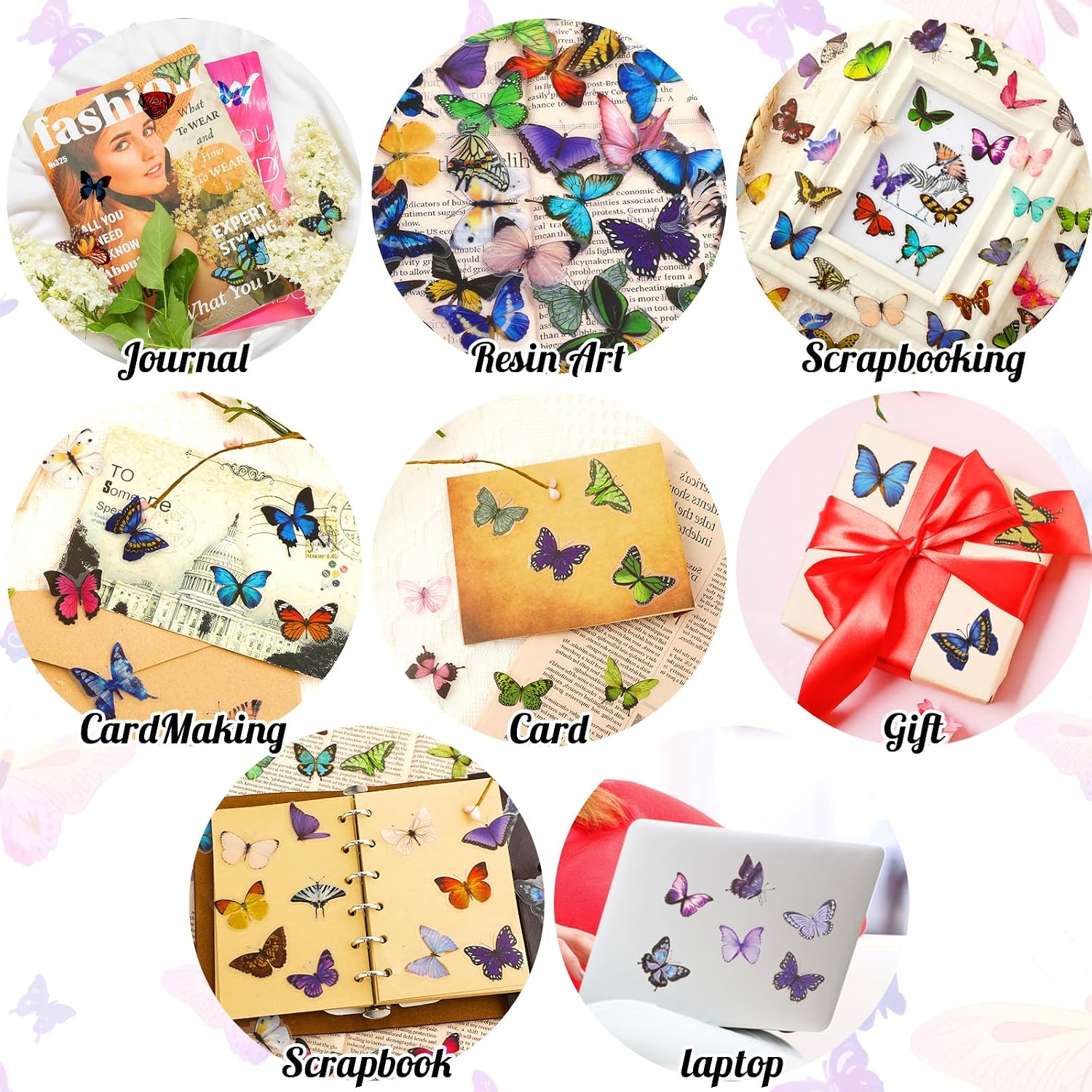 COMNICO Butterfly Stickers PET Waterproof Transparent Colorful Resin Decals Decorative for Nature Scrapbook Planners Laptops DIY Handbook Paper Crafts (480)