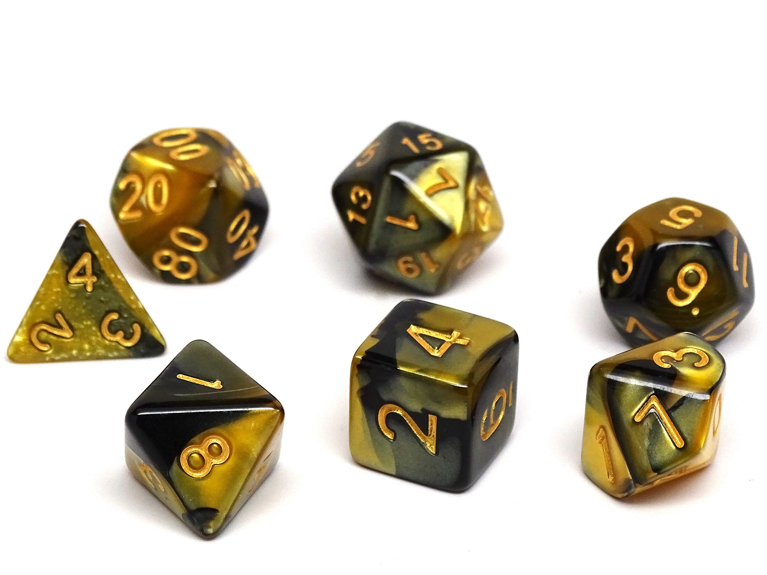 Yellow and Black Granite Plastic Polyhedral Dice Set | 7 Piece Matching Set | Pristine Edition- Hand Checked Quality