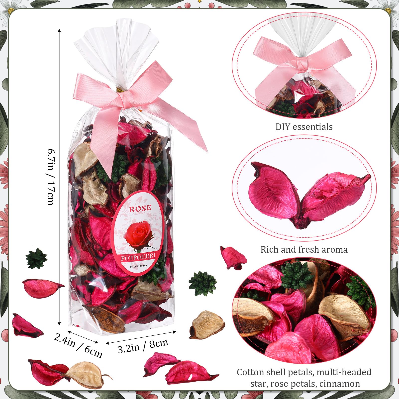 Nuanchu 6 Pcs Potpourri Bags Rose Red Potpourri Bowl Filler Rose Scented Dried Flowers Petals Cinnamon Scented Holiday Decorative Vase Fillers Home Perfume Sachet