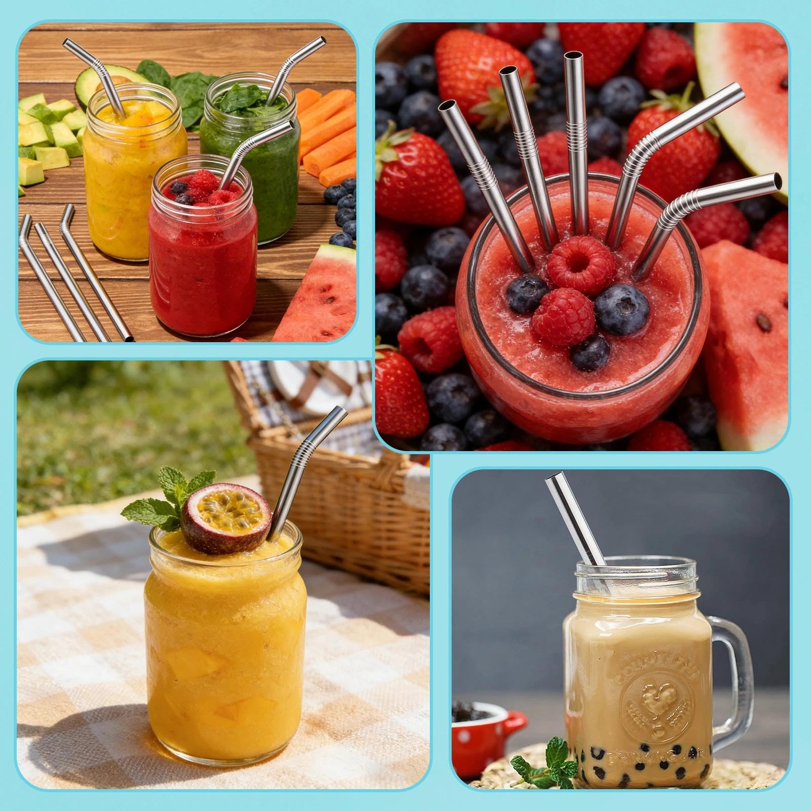 8 Piezas Pajitas Reutilizables, Pajitas de Acero Inoxidable con 2 Cepillos de Limpieza 4 Rectas y 4 Curvas para Lavavajillas para Bubble tea Batidos y Bebidas Calientes