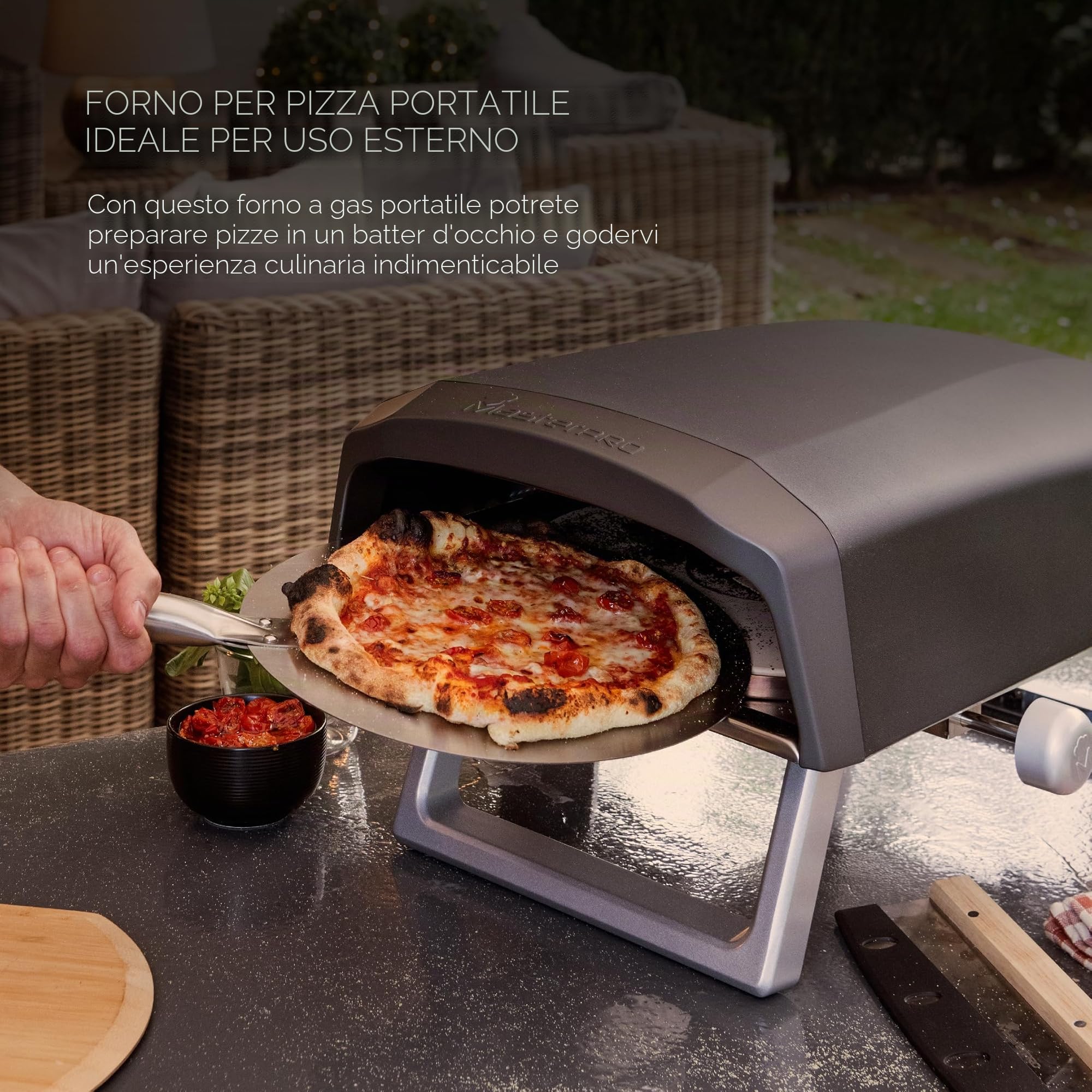 MasterPRO Napoli - Forno per pizza a gas con funzione girevole per una distribuzione uniforme del calore - Potenza fino a 500 °C - Pizza in 60 secondi - Borsa per il trasporto e vassoio in pietra