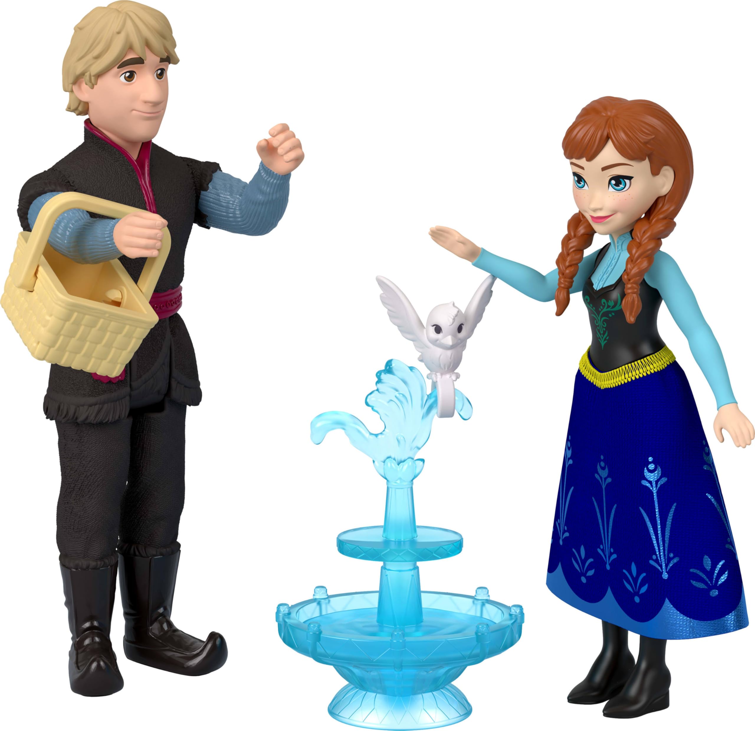 Mattel Disney Frozen Jouets Disney La Reine des Neiges, Coffret de 4 Petites poupées à l’effigie d’Anna, Elsa, Kristoff et Olaf, Une Fontaine et 3 Accessoires de Jeu inspirés du Film, JJP89