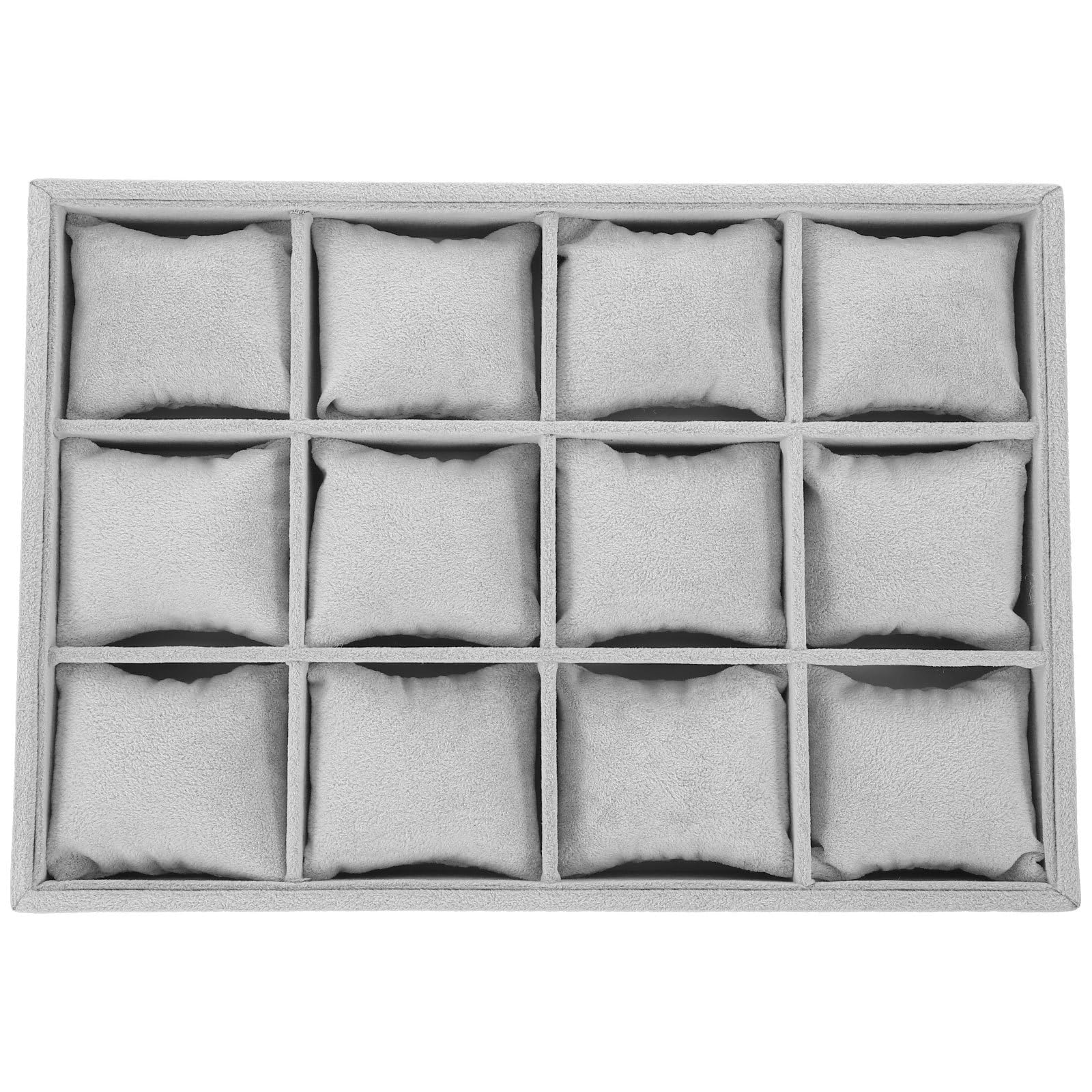 SOLUSTRE Vassoio Porta Braccialetti e Orologi 12 Scomparti, Organizer per Gioielli Grigio Morbido, Supporto Espositivo Compatto per Bracciali e Custodia da Scrivania