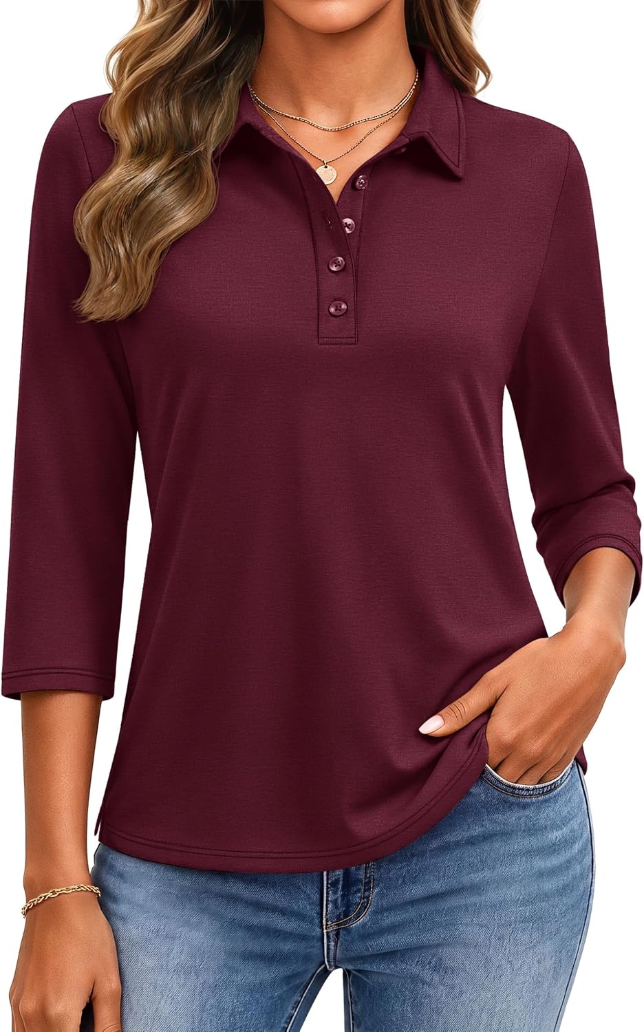 YUCOLEN Polo Shirts for Women 3/4 Sleeve Tops Golf Tees 5-Button Collared