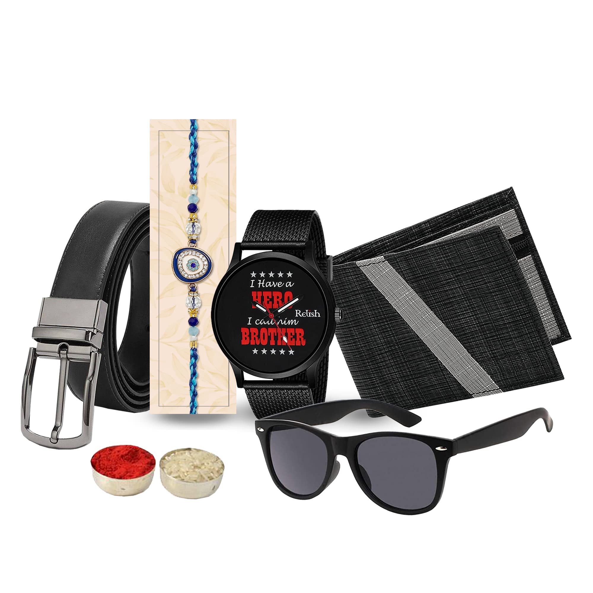 Relish Hero Brother Black Watch, Leather Wallet and, Sunglass, Reversible Belt, Rakhi roli chawal Greeting Card |Gift Combo Set Hamper for Brother (B0C5RM2HPN) Amazon Price History, Amazon Price Tracker
