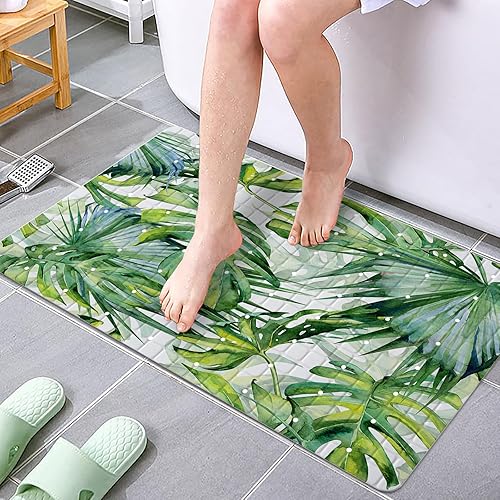 Miniatura 2 de Tapete antideslizante para bañera con hojas de palmera, 15 x 27 pulgadas, con agujeros de drenaje, ventosas, lavable, botánico, Monstera, para