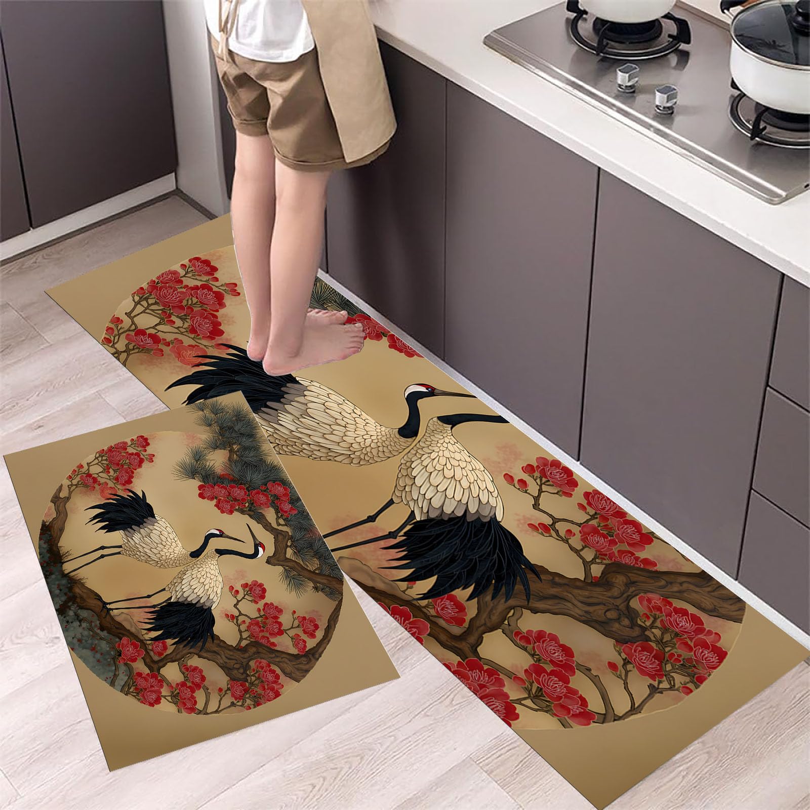Alfombra cocina grulla de corona roja antideslizante y lavable set de alfombrillas marrones