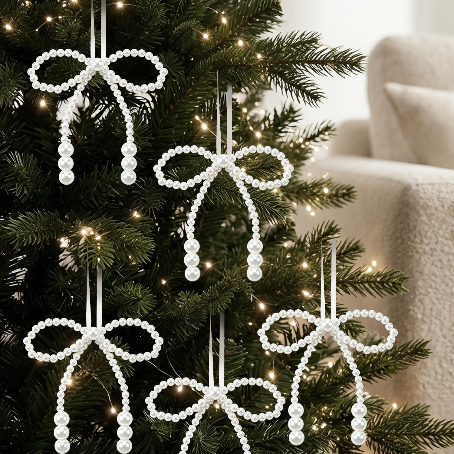 Artmag 24 Pcs Christmas Pearl Bows Decorative Hanging Ornaments with Ropes Bowknot Tree Topper Pendant Gift for Christmas Holiday Party Wedding Tree Wreath Decoration (White)