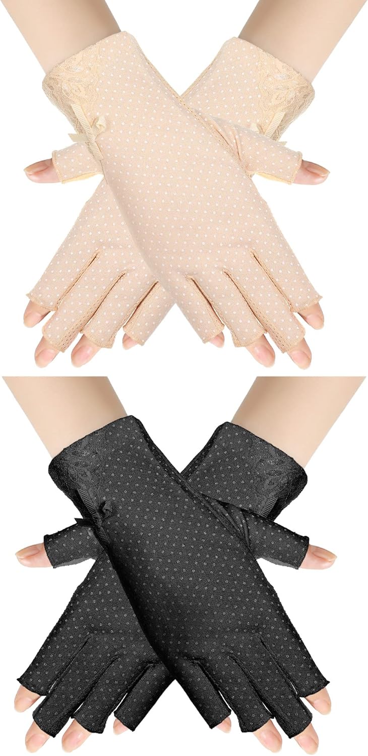 Boao 2 guantes de protección solar sin dedos para mujer, protección UV, medio dedo, guantes de bloqueo solar para conducir, equitación, pesca, golf,