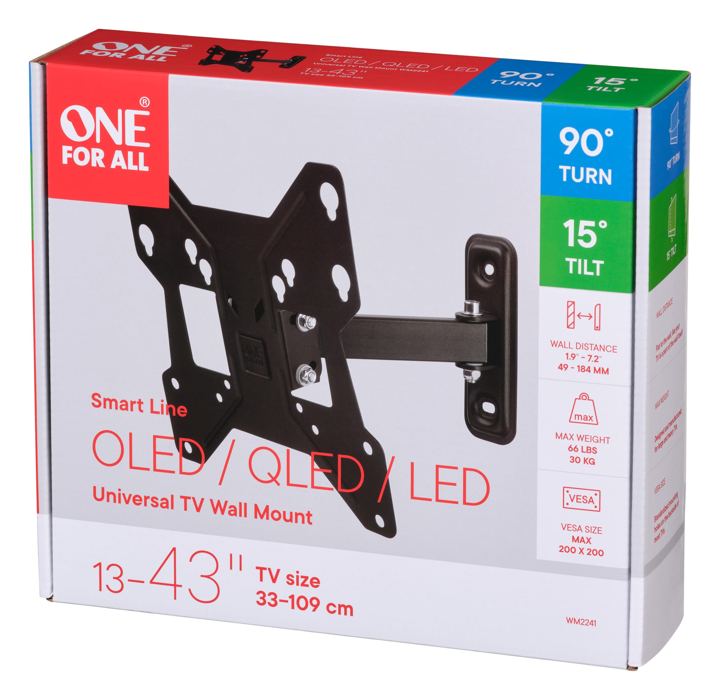 ONE FOR ALL WM2241 - Uchwyt scienny z regulacja nachylenia i obrotu (90 °) do telewizora od 13 do 40 (33 do 102 cm) - Czarny
