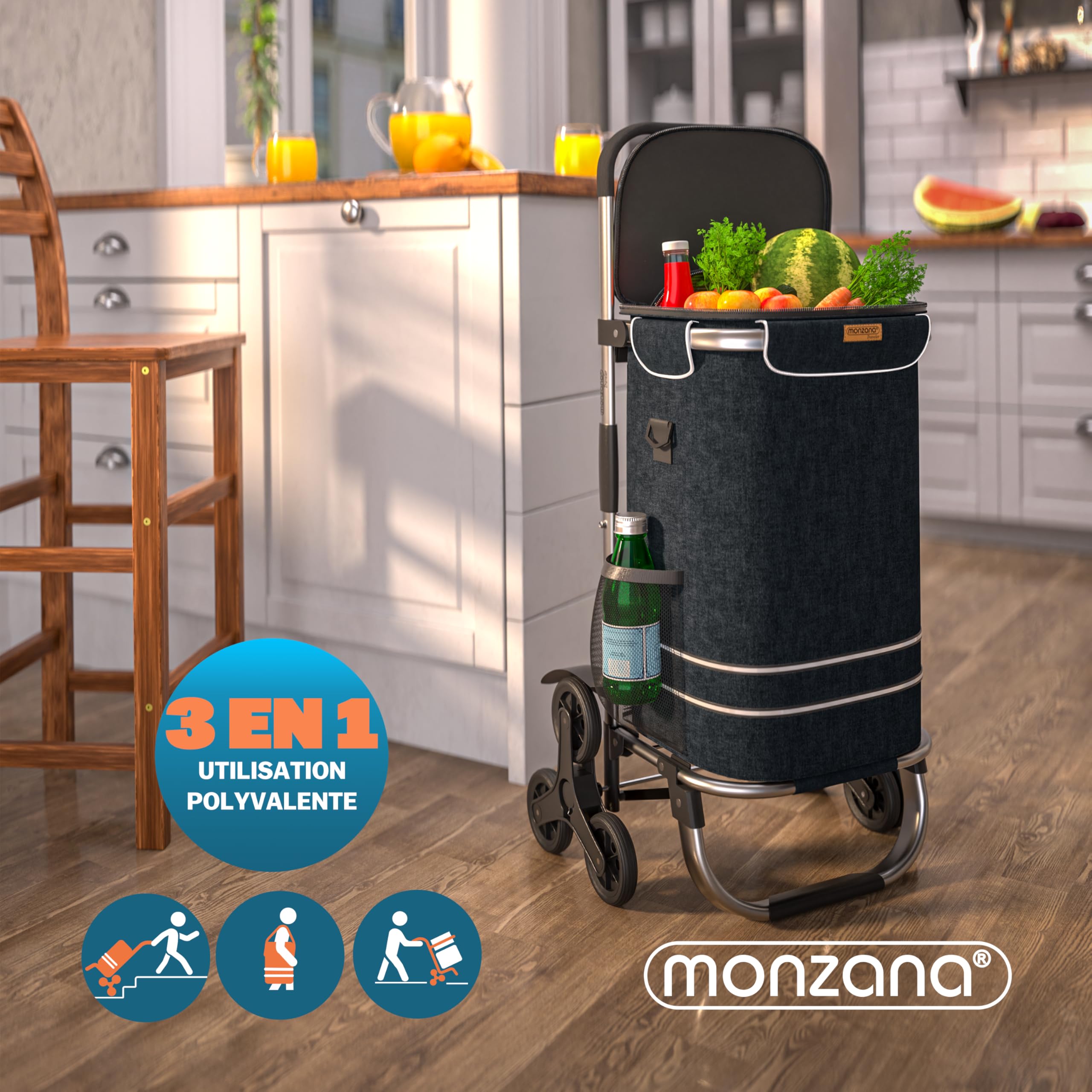 MONZANA® Chariot de courses noir 56 litres 3 en 1 pliable compartiment isotherme 6 roues bandes réfléchissantes