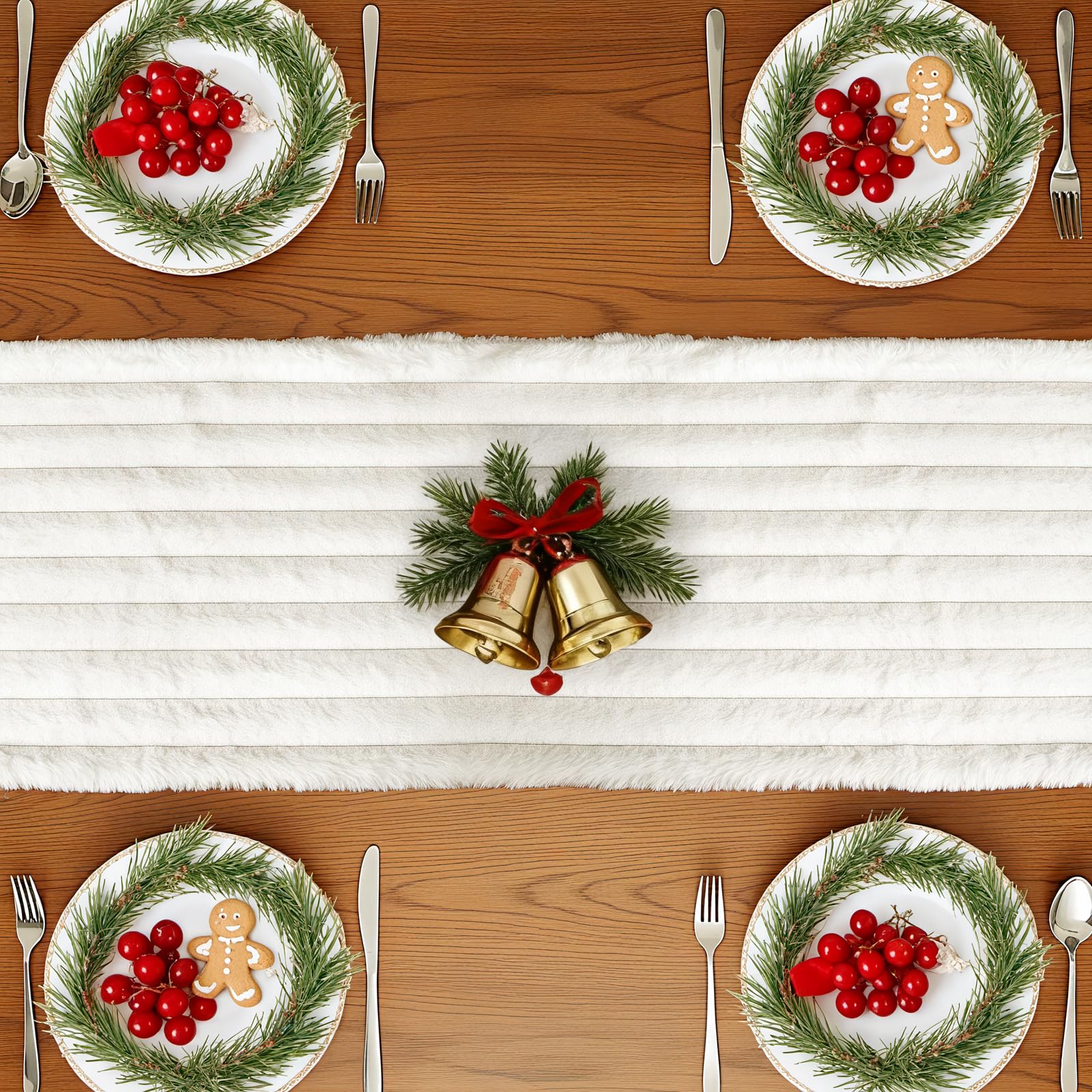 Bunny Chorus Chemin de table en fausse fourrure : 183 cm - Collection de chemins de table à rayures blanches - Style bohème rustique - Décoration de table de Noël - Décoration d'intérieur - Banquet