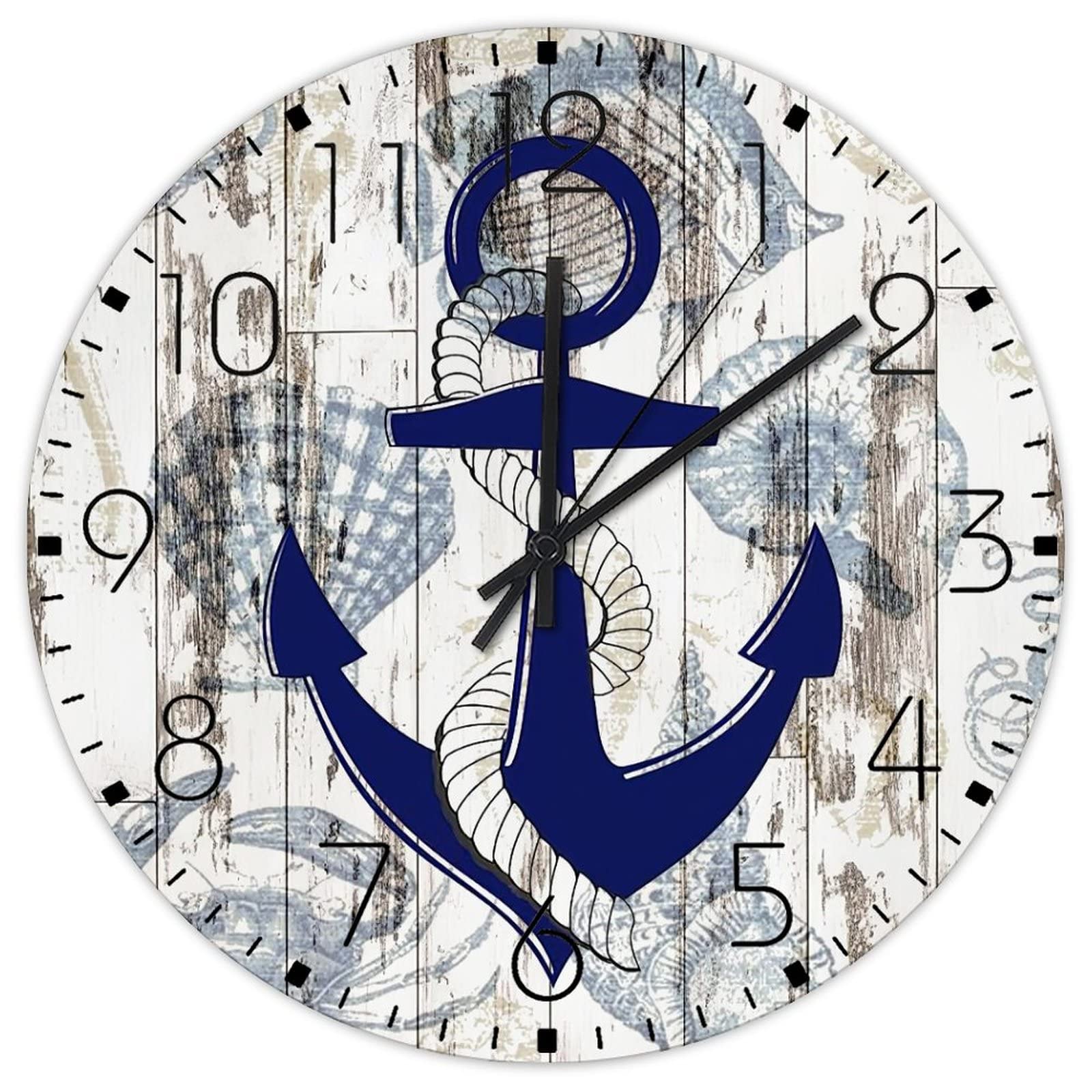 Horloge murale silencieuse de 38 cm en bois style ancre nautique