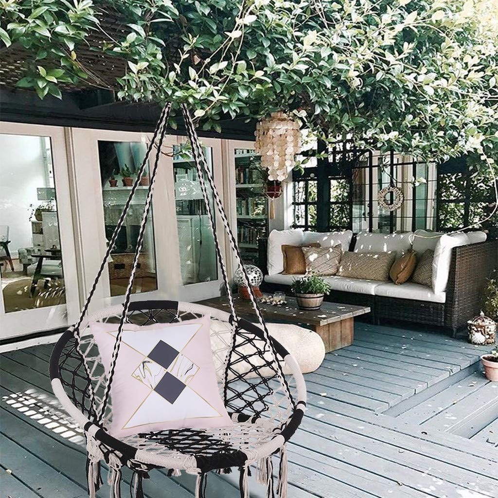 OKBOP Hammock Chair Macrame Swing Hanging Rope Swing Seat, Comfort Durability Handmade Knitted Mesh Tassel Swing Chairs Indoor Outdoor, Home, Patio, Yard, Garden,Tree【from US】 (Black and White)