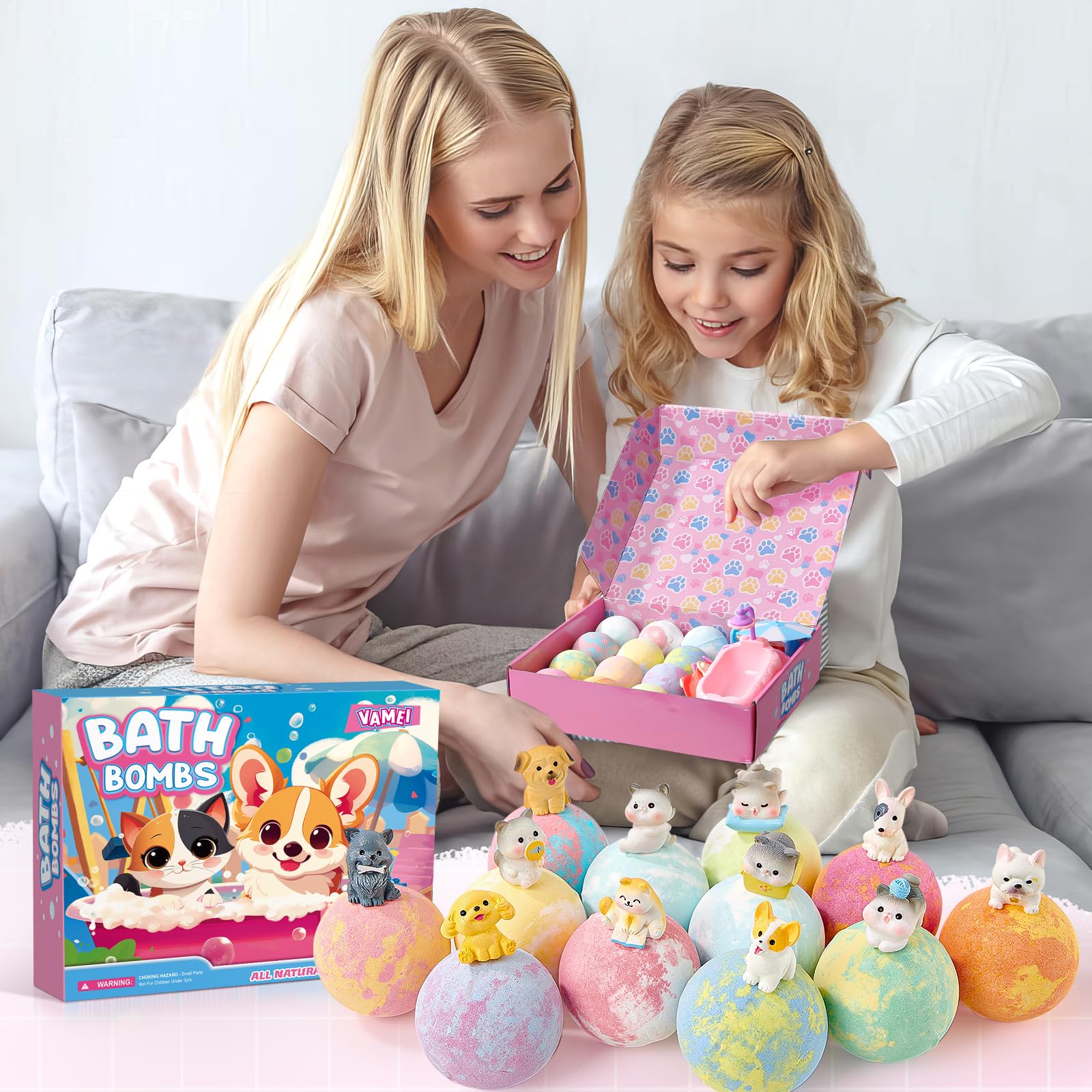 Bombe de Bain Enfant Surprise 12pcs Boule de Bain avec Jouets Chiens Chats Bombe de Douche Aromatherapie Jouets de Bain pour Enfant Fournitures de Loisirs Créatifs Cadeau Anniversaire Garçons Filles