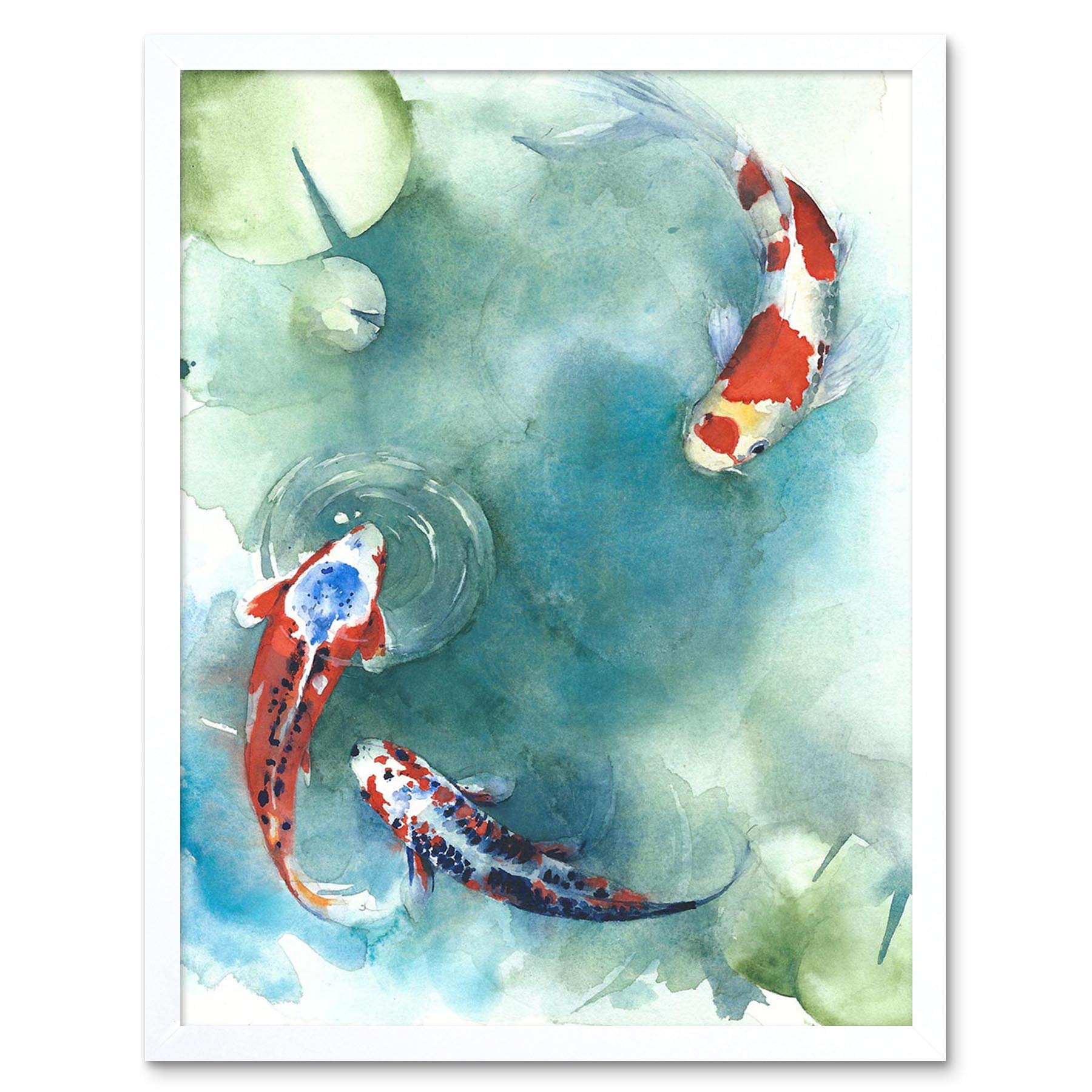 Wee Blue Coo Japanese Koi Fish With Lilies Art Print Framed Poster Wall Decor 12X16 Inch