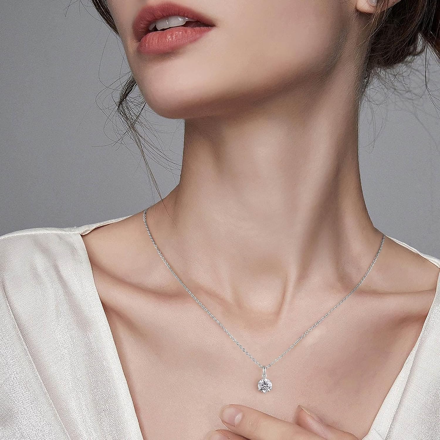 MSBLUE 1ct Round Solitaire Moissanite Pendant Necklace, 18in Chain, Sterling Silver with 14K White Gold Vermeil, Rhodium Finish