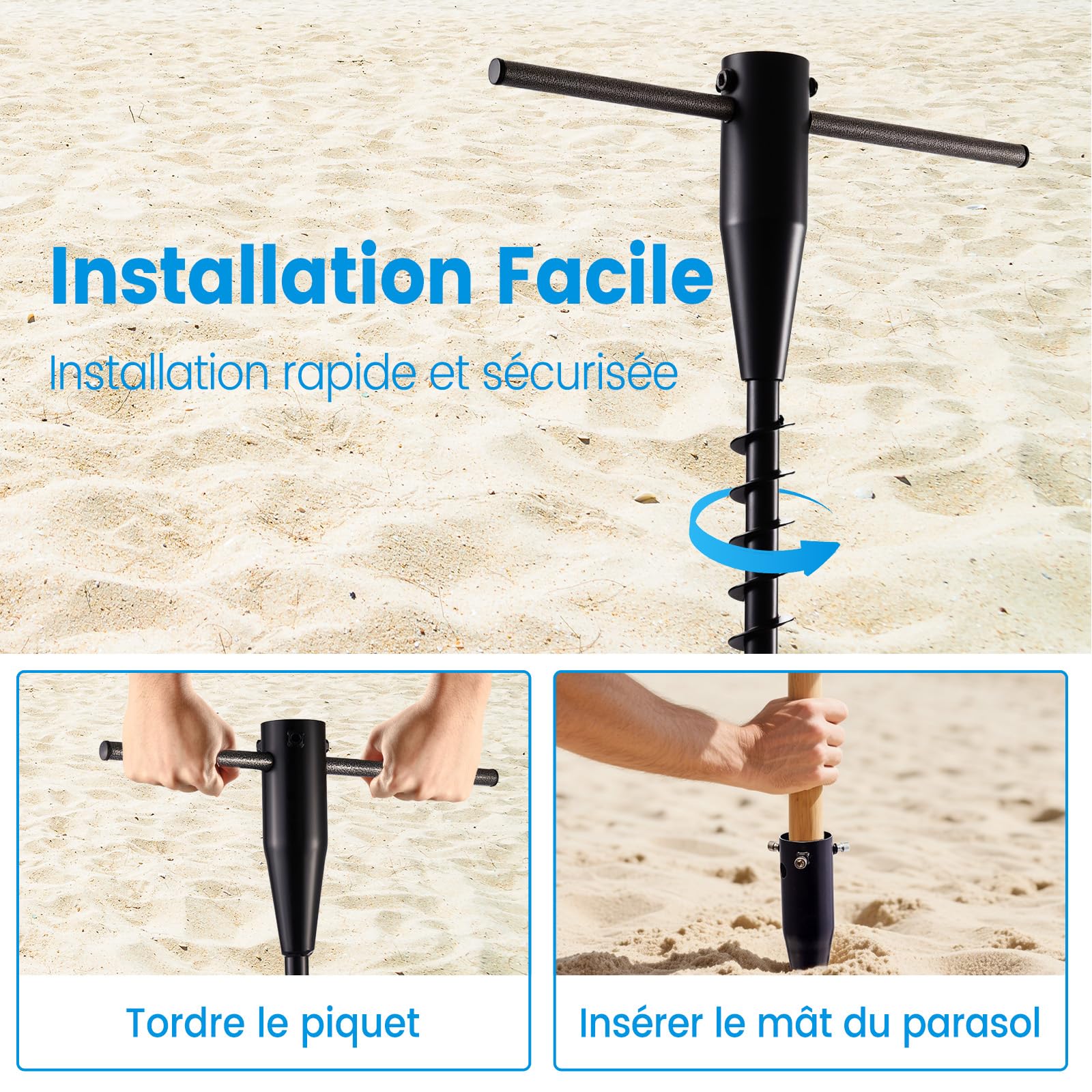 Robuste Pied Parasol et Ancrage Sechoir Parapluie, Piquet de Terre à Spirale 6 Tours pour Parasol de Plage, Jardin et Terrasse, Léger avec Boutons Réglables (2,5–5 Cm), Support Parasol Anti-vent