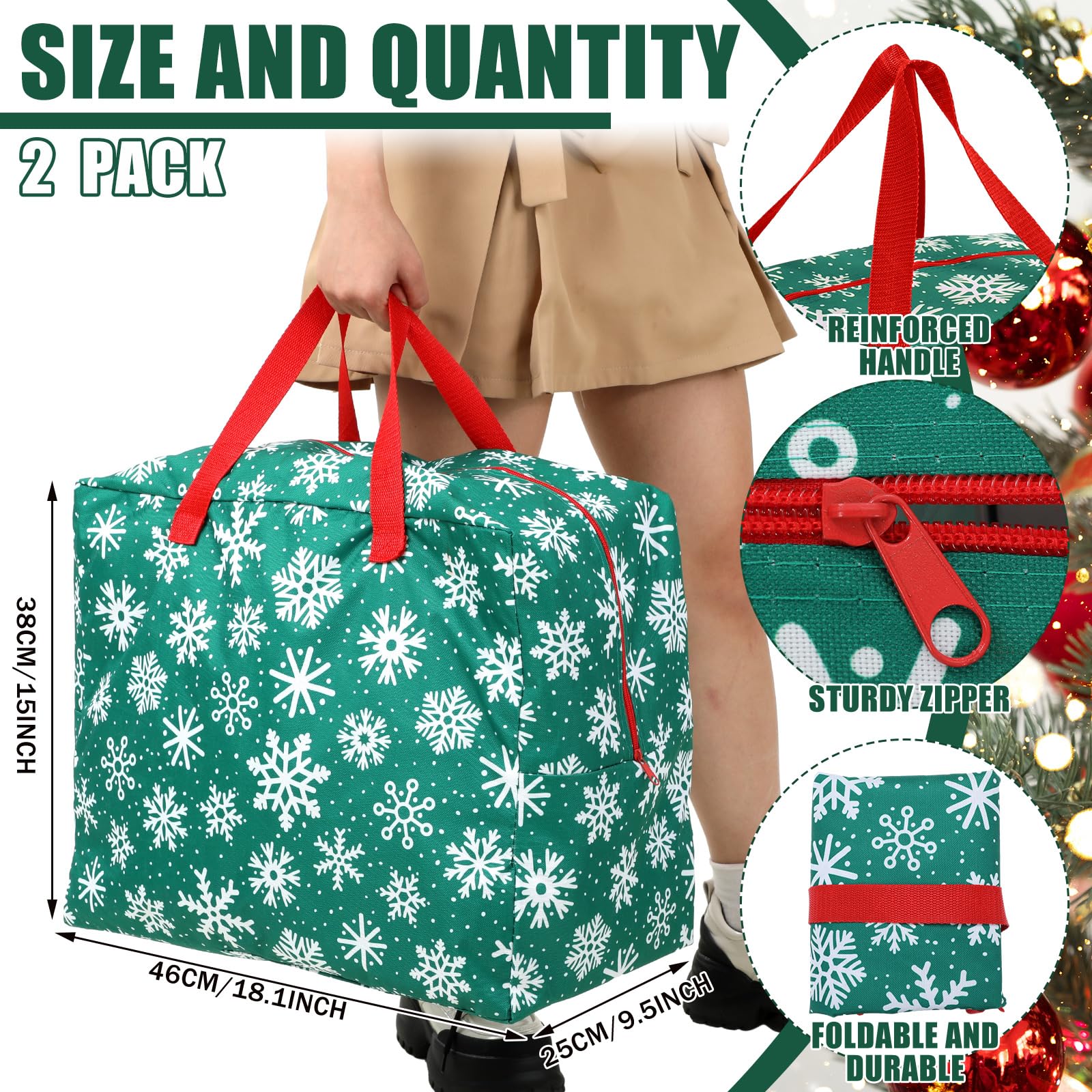 Kajaia 2 contenitori per ornamenti natalizi, 45 x 38 x 25 cm, con fiocco di neve, accessori natalizi, a prova di strappo, organizer con manici, cerniera a tutta lunghezza (verde)