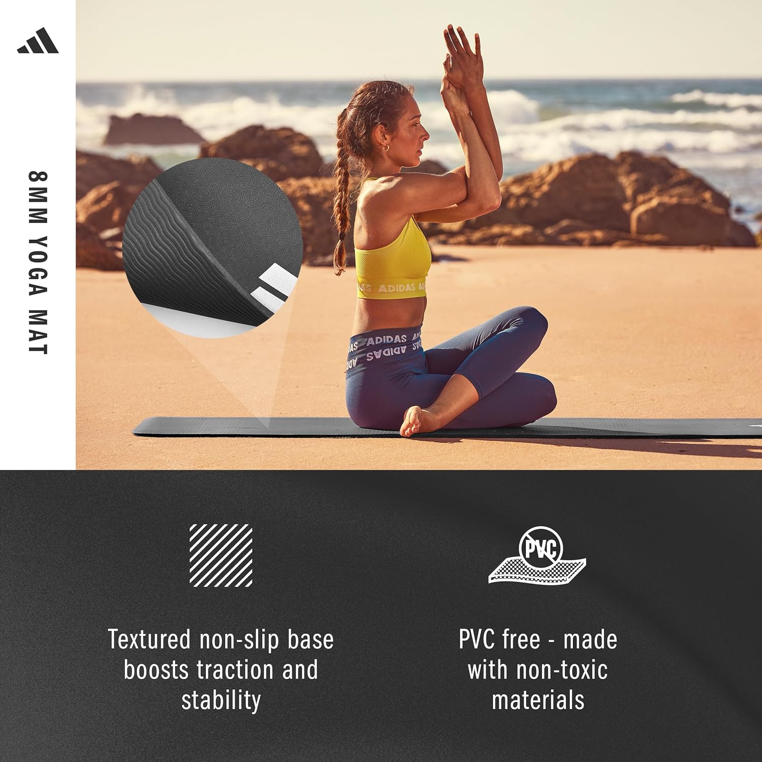 adidas Yoga Mat - Eco Friendly - Non Slip, Durable Textured Surface, 8mm