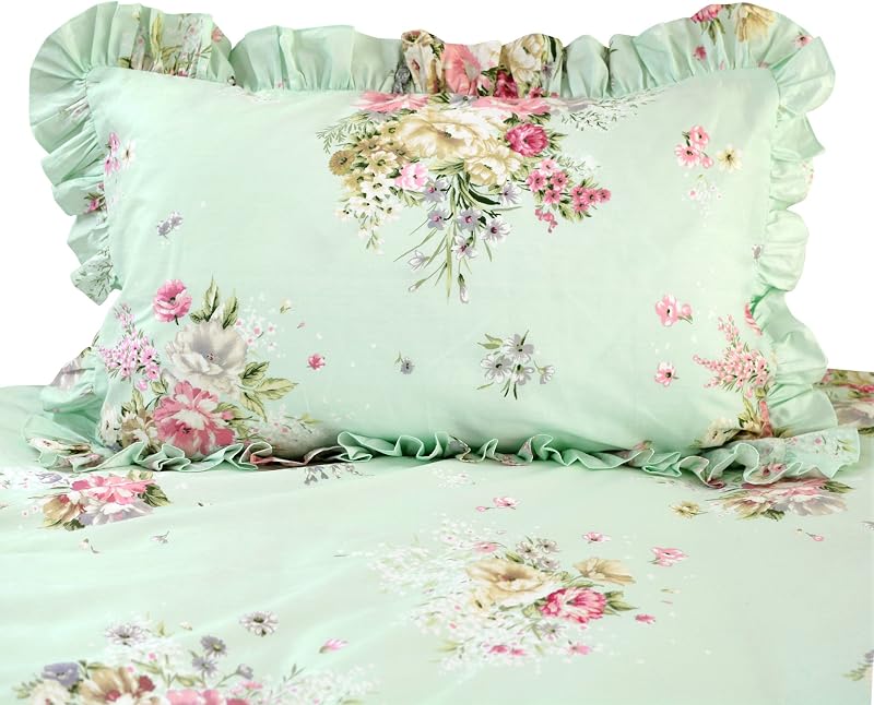FADFAY Green Floral Duvet Cover Sets Vintage Flower Printed Bedding Ultra Soft 100% Cotton Designer Bedding Set 3 Pieces, 1duvet Cover & 2pillowcases (Queen Size, Ruffle Style) image 4