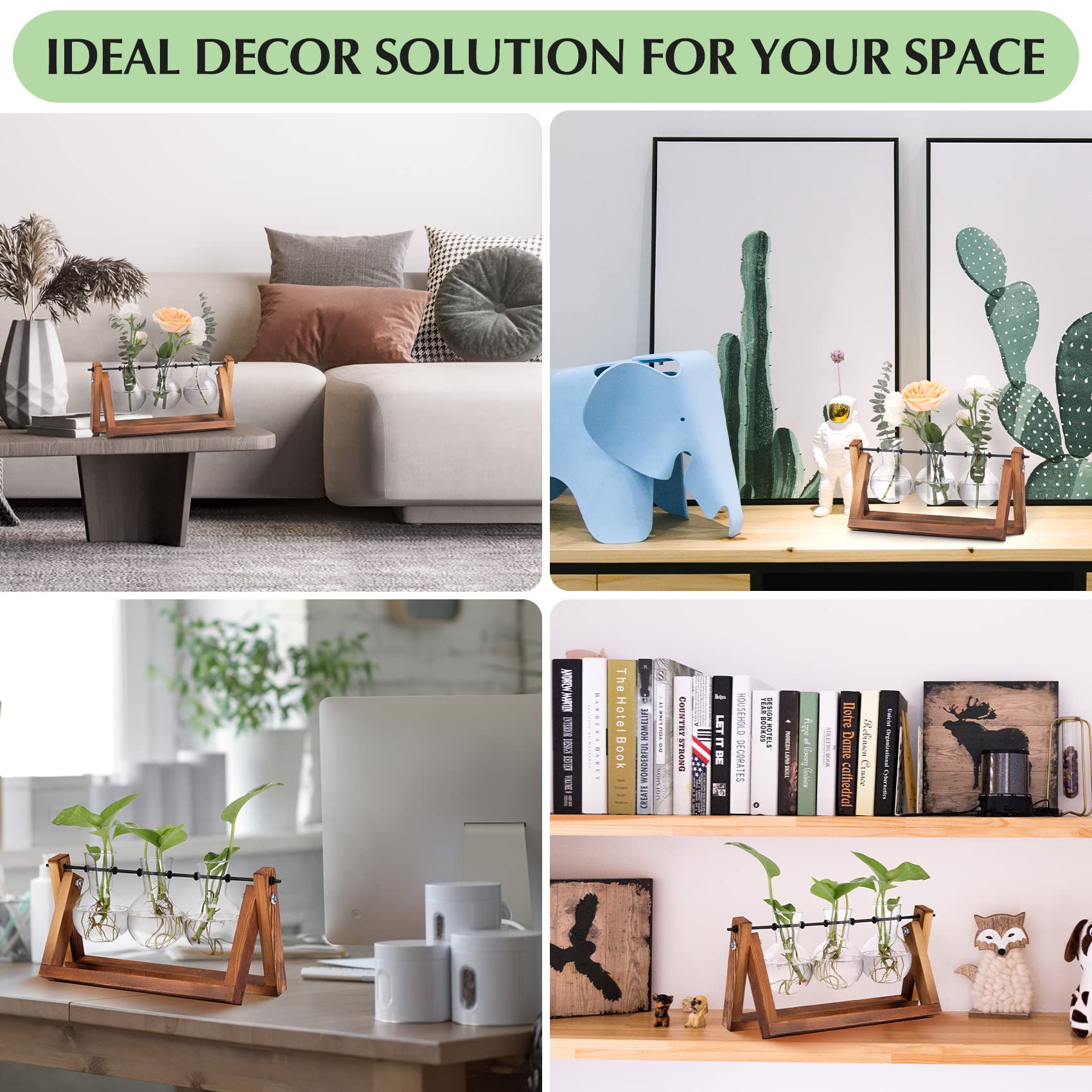 Vase En Verre En Forme De Cœur Sur Support Bois - Pour Plantes Hydroponiques Ou Déco - Bureau, Maison, Mariage