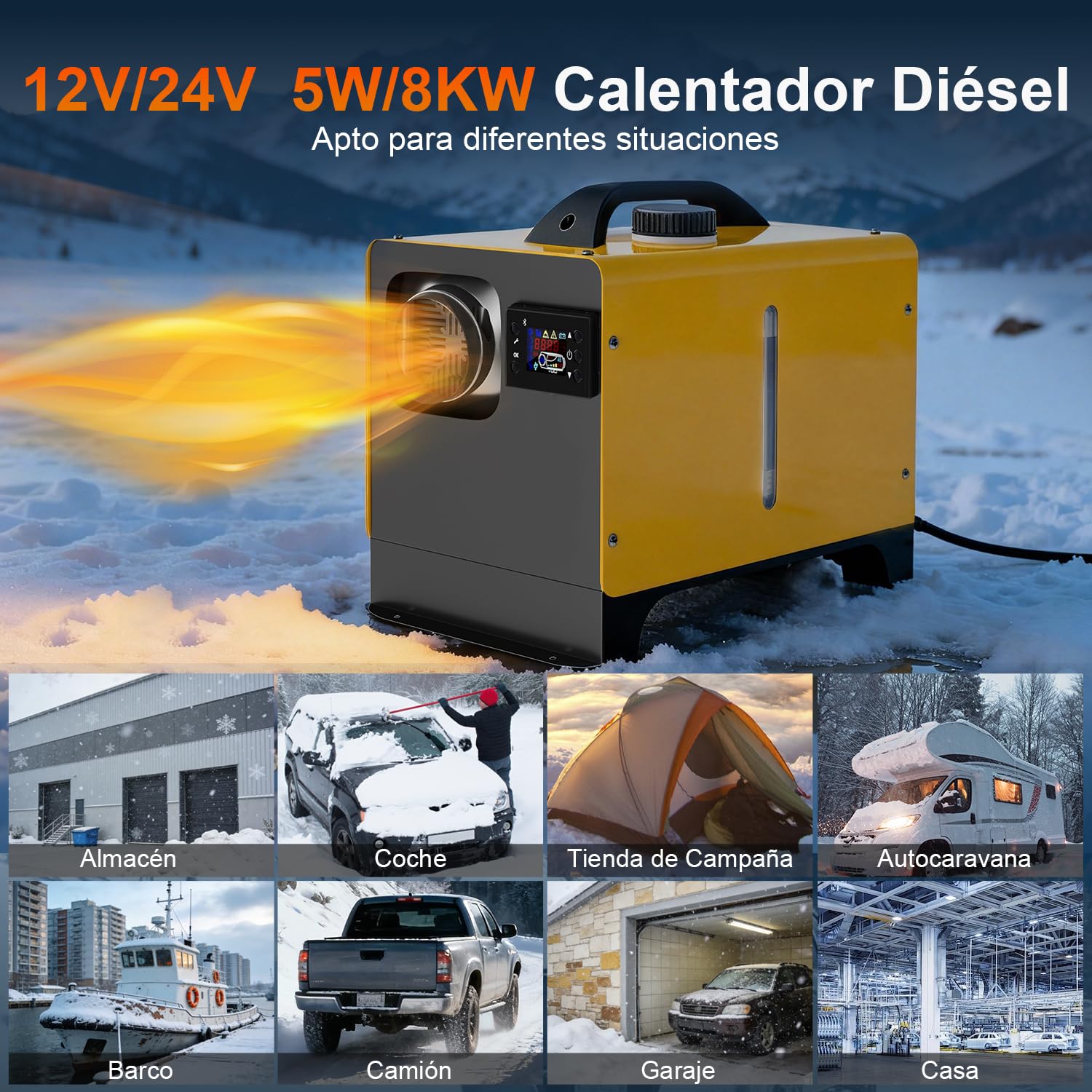 SOLAVERO Calefacción Diesel 5/8KW, 12V Calentador de aire Diesel 0,16-0,45L/h, con LCD, control Bluetooth y mando a distancia, control termostático inteligente, para autocaravanas, barcos y casas