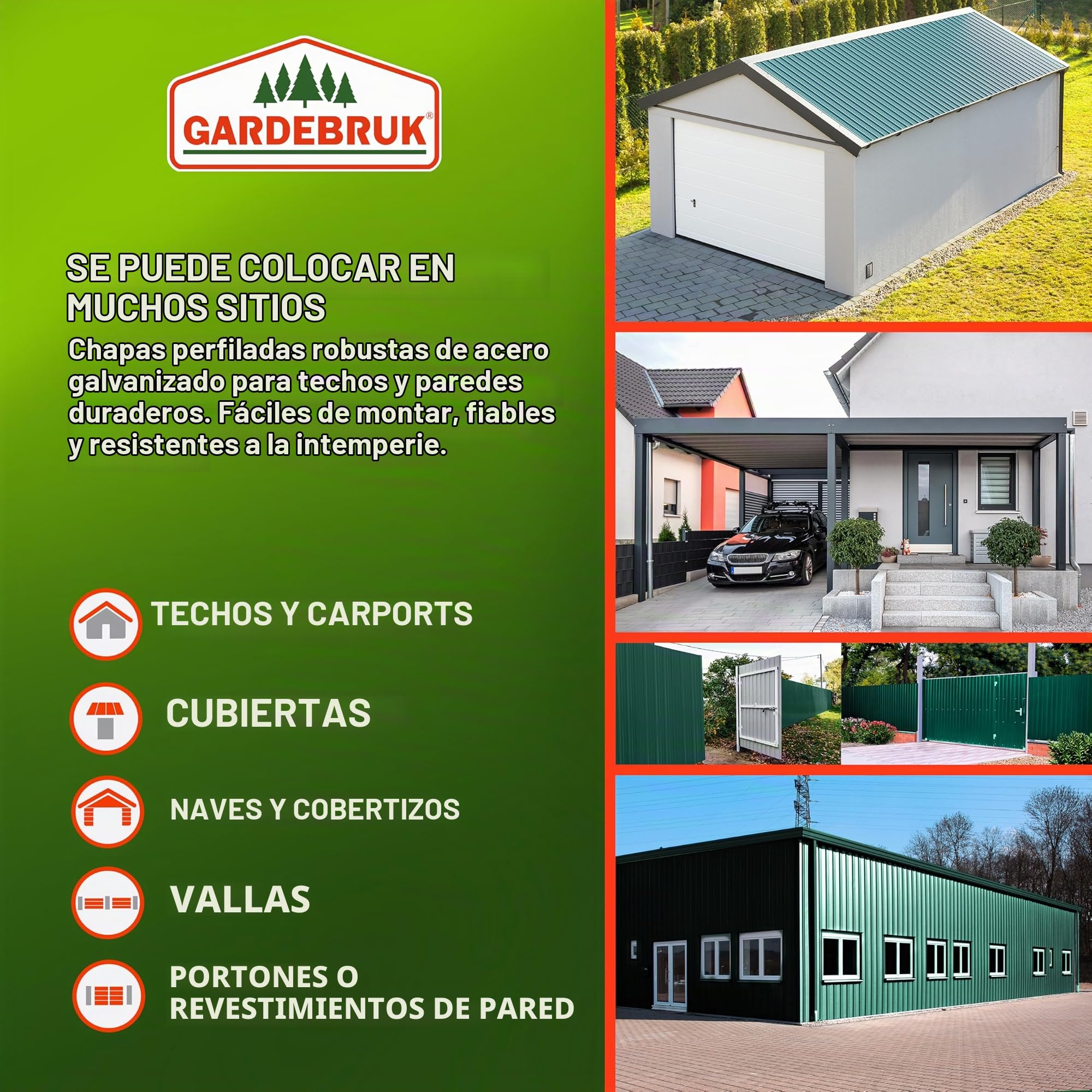 GARDEBRUK® Paneles para Tejado, Chapas Onduladas, Perfiladas Techo 14m², Placa Sandwich Perforada Galvanizadas, Cobertizo Garaje, Revestimiento Pared Caseta, 129x46cm, 24 Unid., Construcción