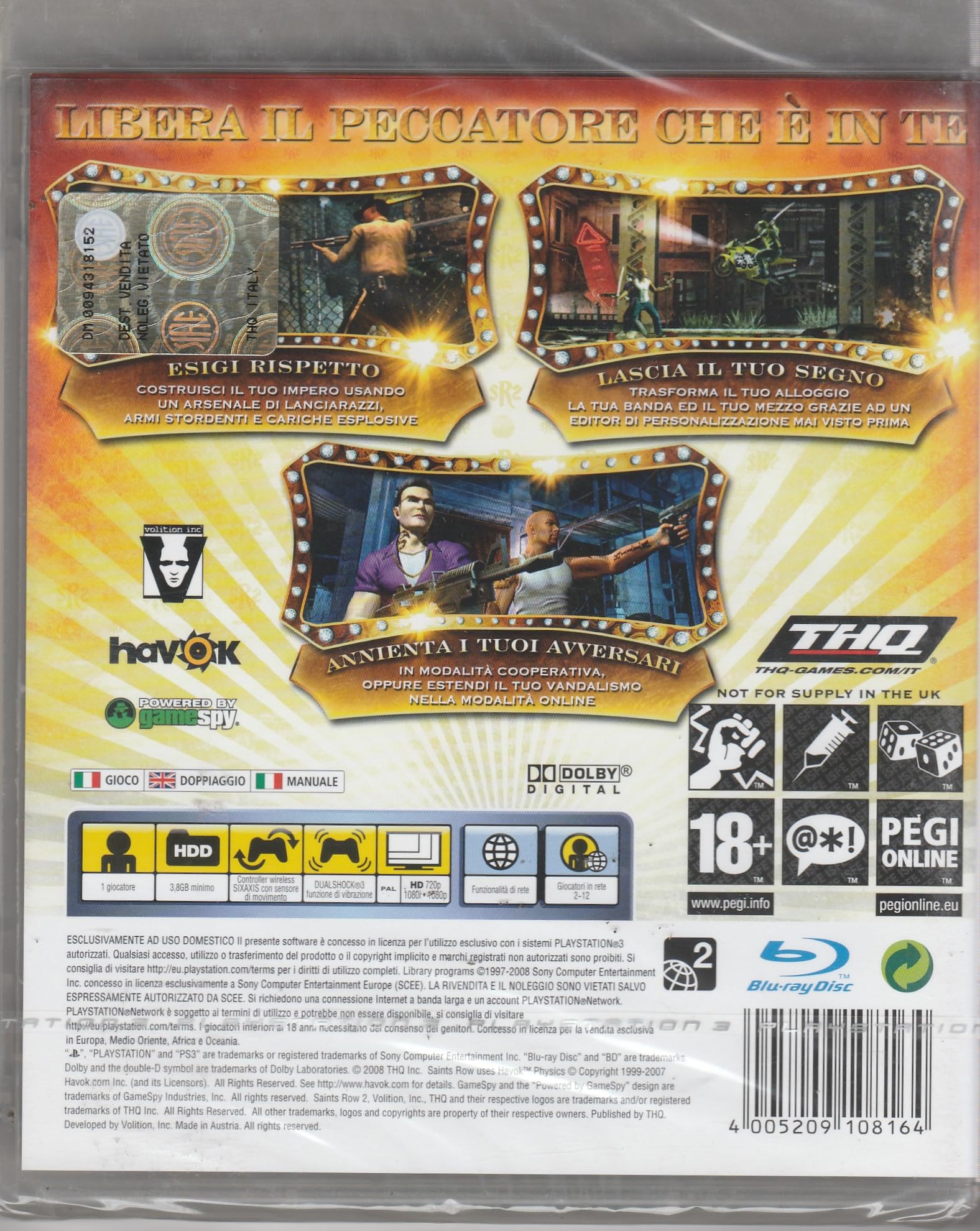 Saints Row 2 Sur PS3 - Jeu Complet ITA, PEGI 18, édition THQ, Comme Neuf