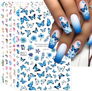 6 Sheets Butterflies Nail Art Stickers - Colorful Spring Flower Self-Adhesive Nail Decals for DIY Butterflies Wing Summer Floral Manicure