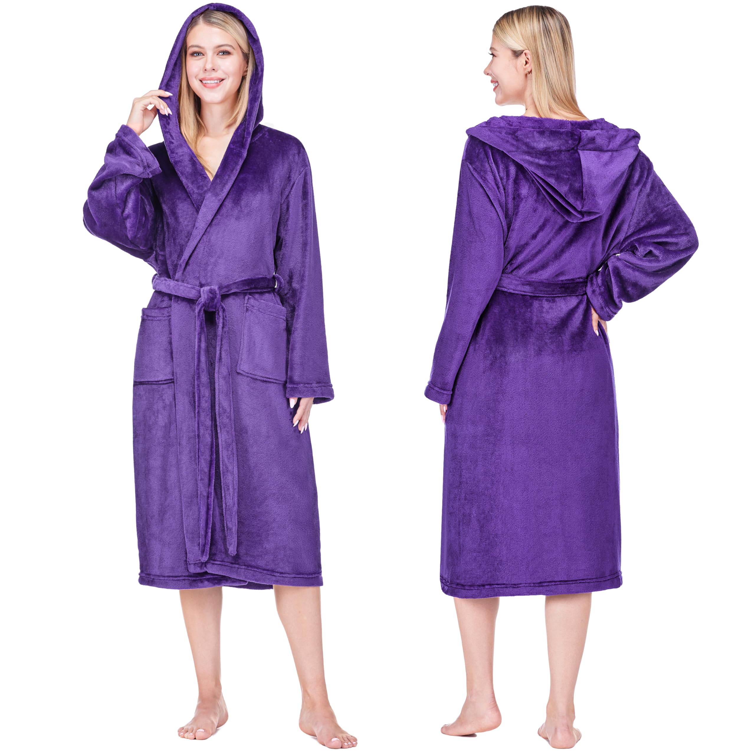PAVILIA Women Robe with Hood, Fleece Fluffy Soft Long Hooded Robe, Plush Fuzzy Cozy Warm Bathrobe Shower Spa