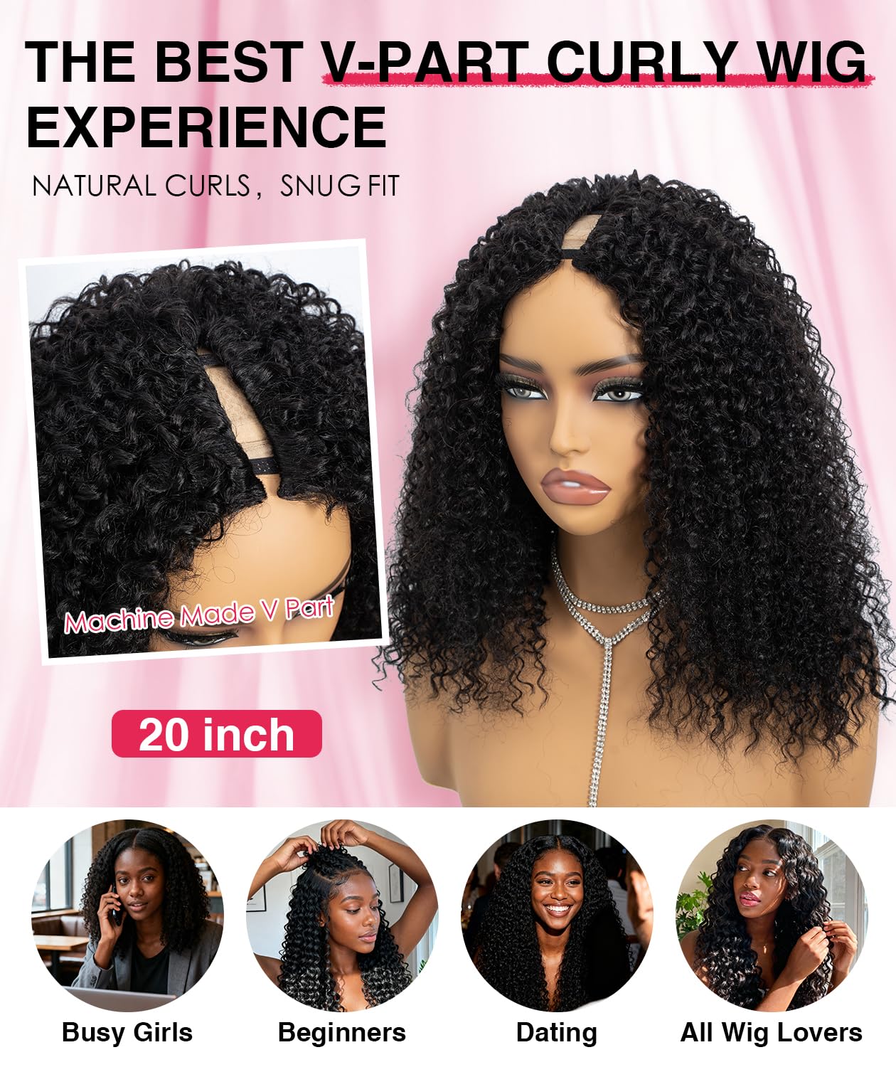 QUEEN VIRGIN REMY QVR V Part Wig Human Hair Kinky Curly No Leave Out V Shape Full Head Clip In Half Wig with Drawstring Natural Black Curly U Part Human Hair Wig for Black Women 22 Inch