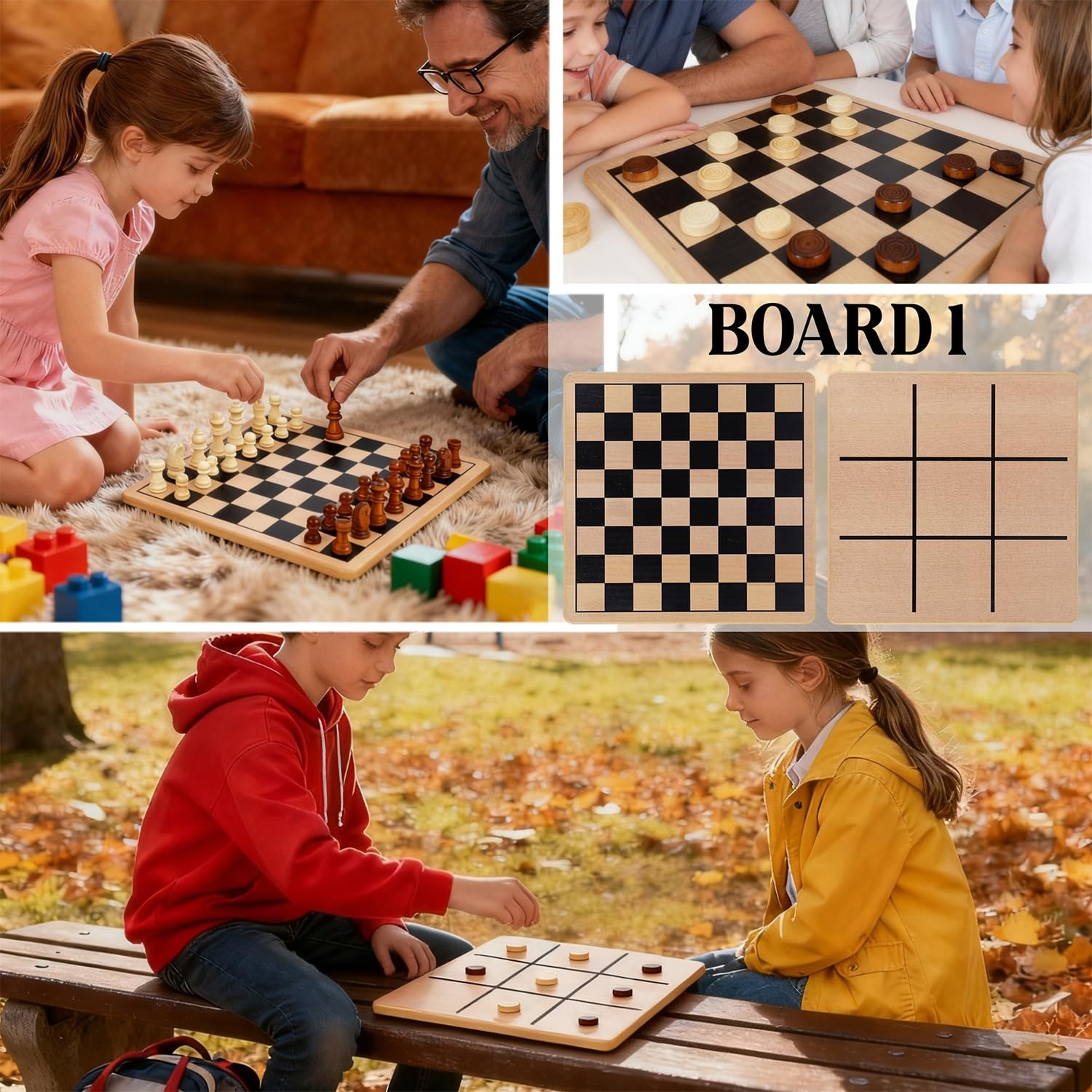 Glintoper Tavole di legno reversibili 5 in 1 per scacchi, dama, dama cinese, serpenti e scale, Tic Tac Toe, giochi da tavolo classici da viaggio portatili per bambini dai 6 anni in su