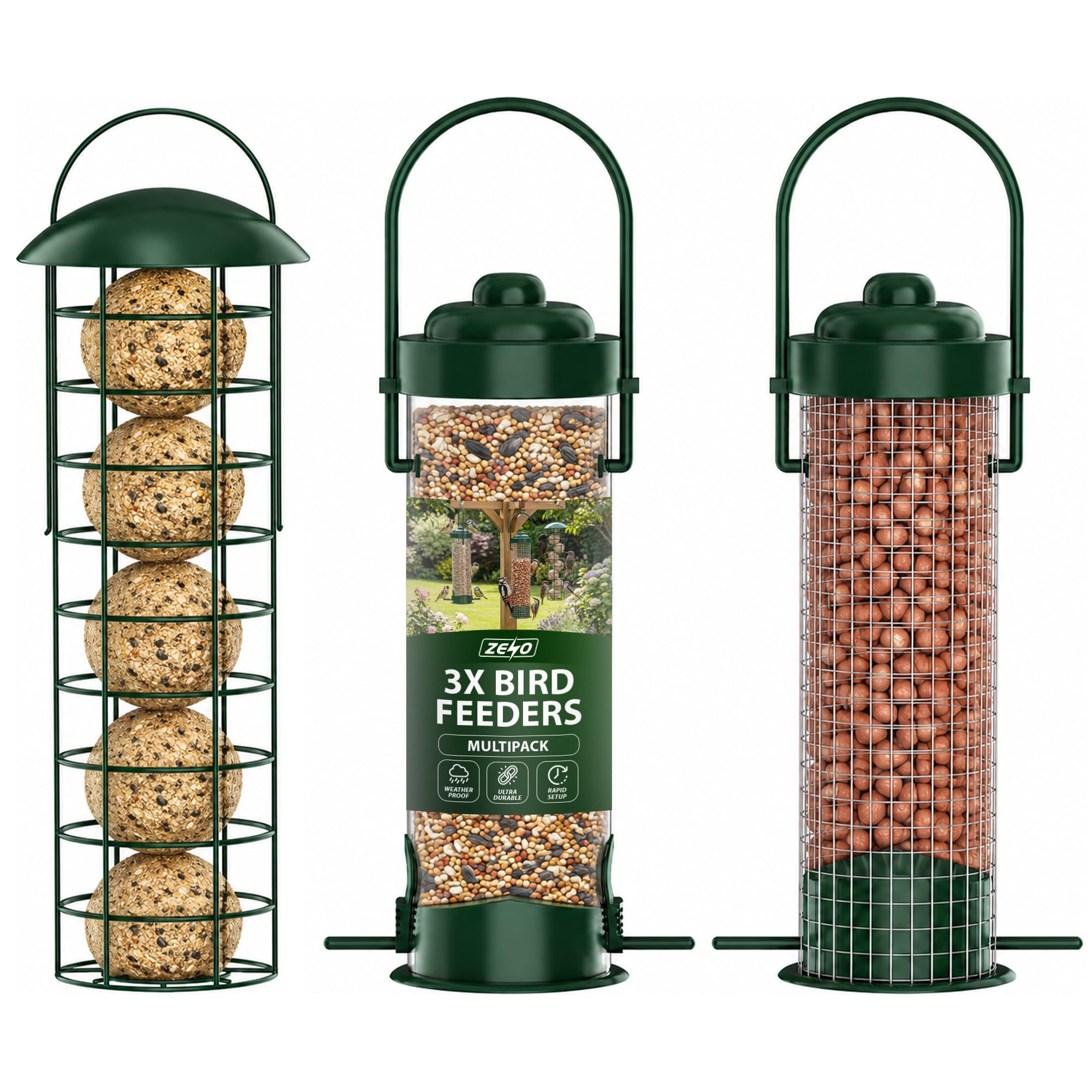 ZENO Bird Feeders 3 Pack | Bird Feeder | Metal Bird Feeders for Hanging | Hanging Bird Feeder | Weatherproof & Rust Resistant | Great for Seeds, Nuts, Balls | Plastic Tube, Dense Mesh, Coarse Mesh