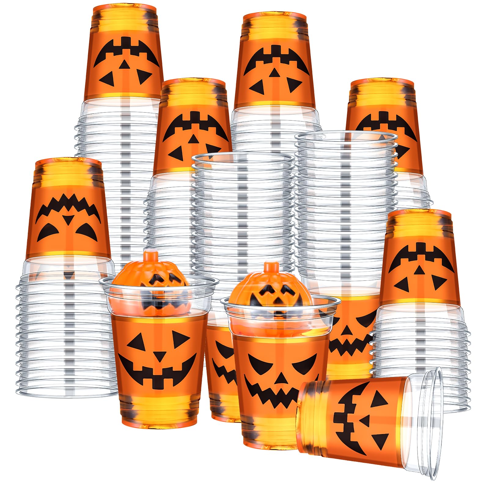 Tioncy 100 Pcs Halloween Party Cups 12 oz Plastic Pumpkin Cups Jack O Lanter Halloween Disposable Cups for Adults Happy Halloween Holiday Birthday Party(Pumpkin Orange)