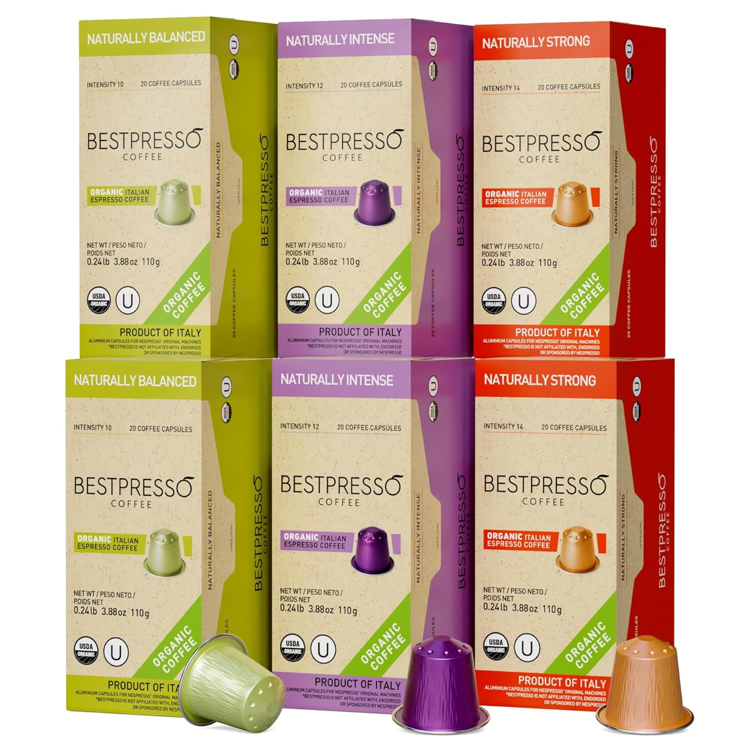 Organic USDA Bestpresso Coffee Aluminum Espresso Pods For Nespresso Original Machine 120 Pack (Variety Pack)