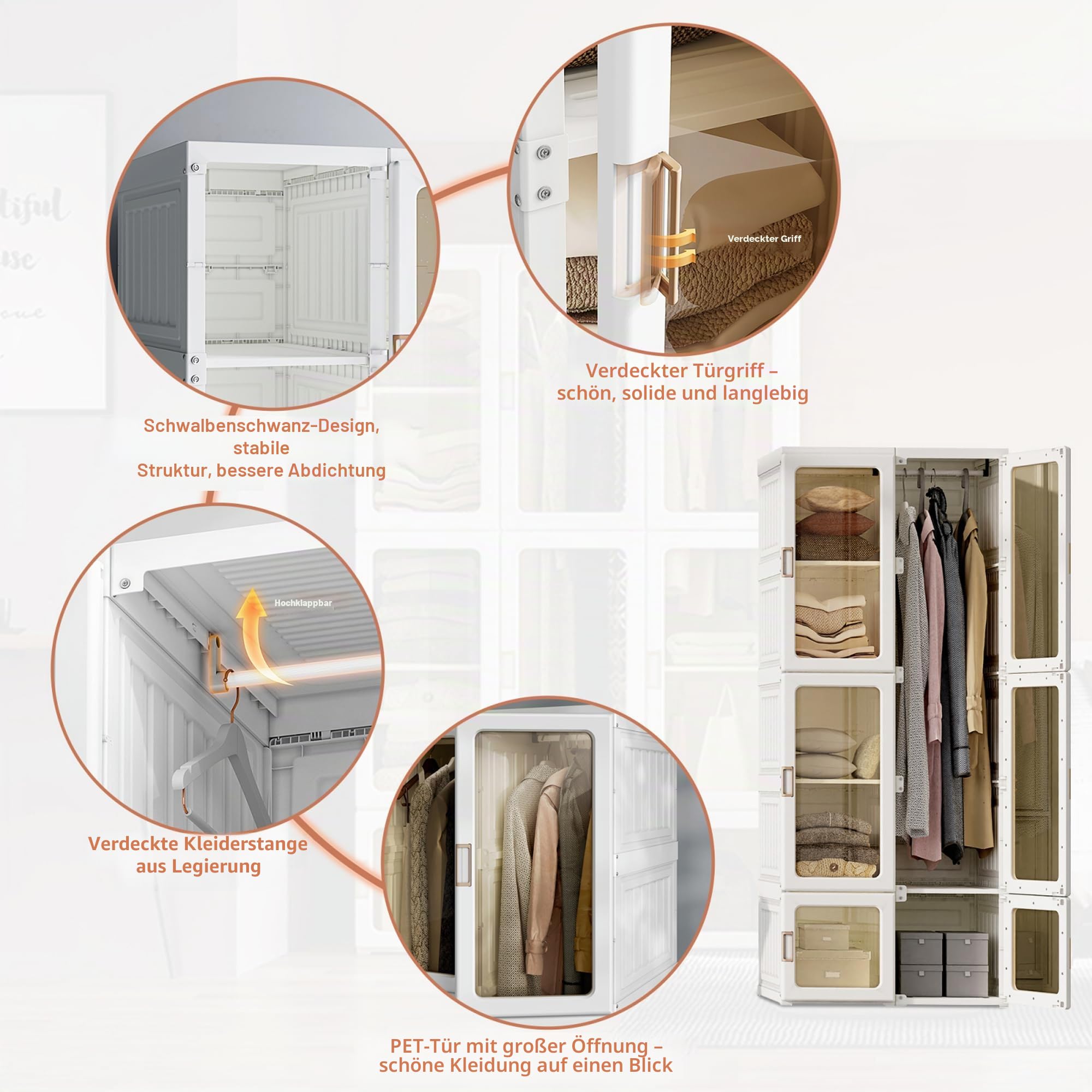 Faltbarer Schlafzimmerschrank, Klappschränke aus Kunststoff, mit 10 Fächern, Modularschrank mit 6 Türen, Schlafzimmerschrank für Kleidung, Outdoor, Einzelschrank (170 x 69 x 50 cm)
