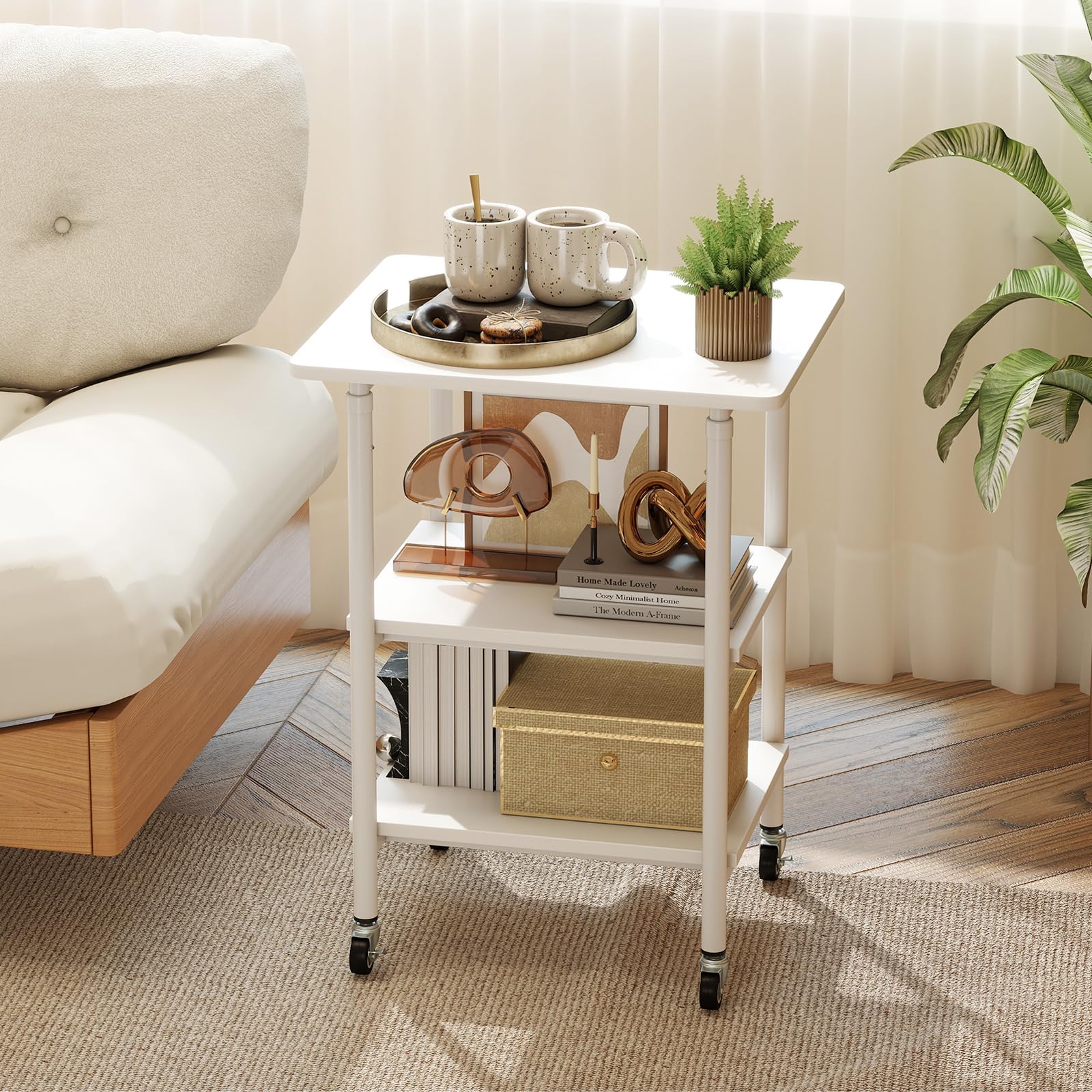 RELAX4LIFE Supporto per Stampante a 3 Livelli, Carrello Porta Stampante con Ruote Bloccabili e Altezza Regolabile, Tavolino Multiuso per Fax e Scanner, 49 x 40 x 65/77 cm (Bianco)