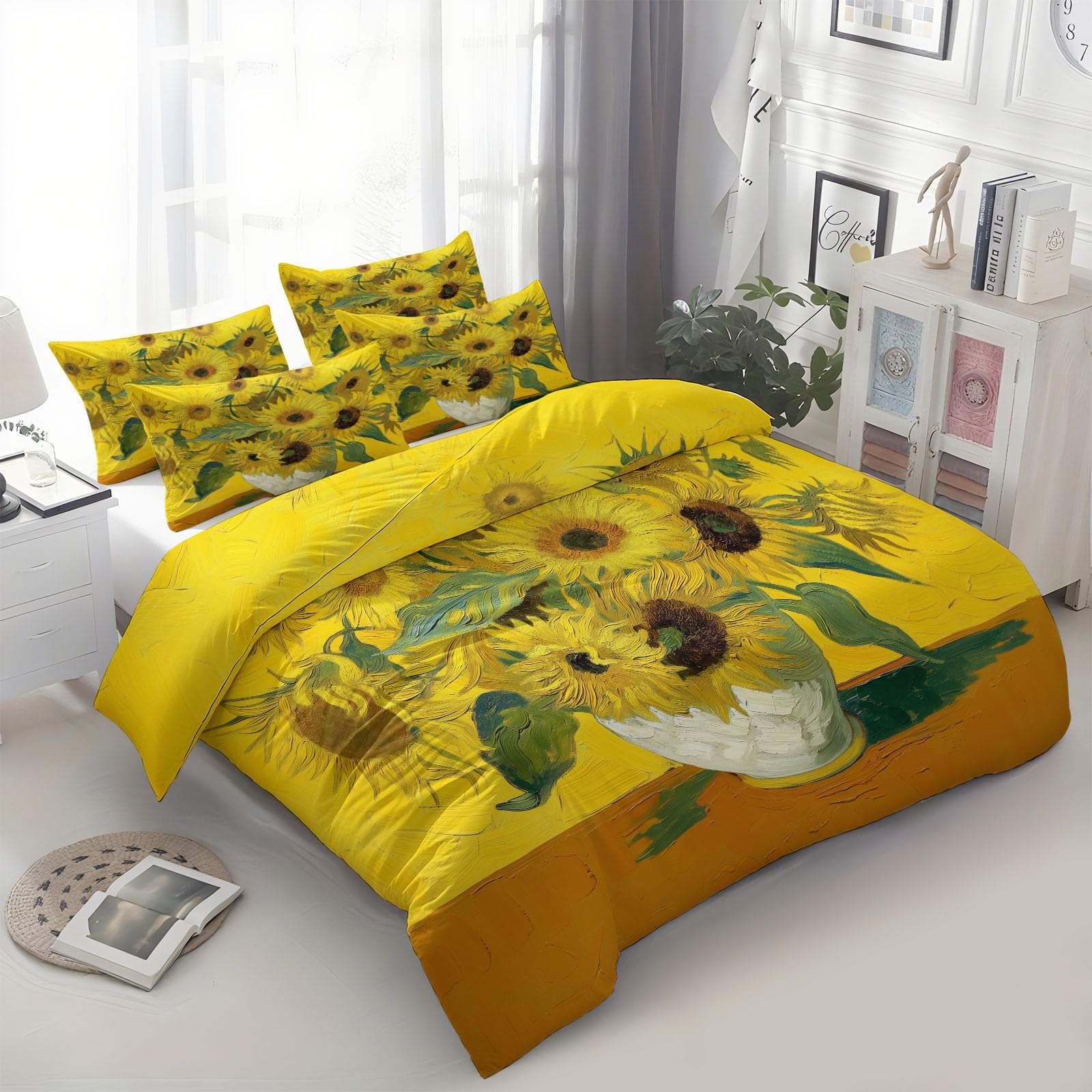 Housse de couette en microfibre jaune 160x200 cm avec 2 taies d'oreiller au motif de tournesols