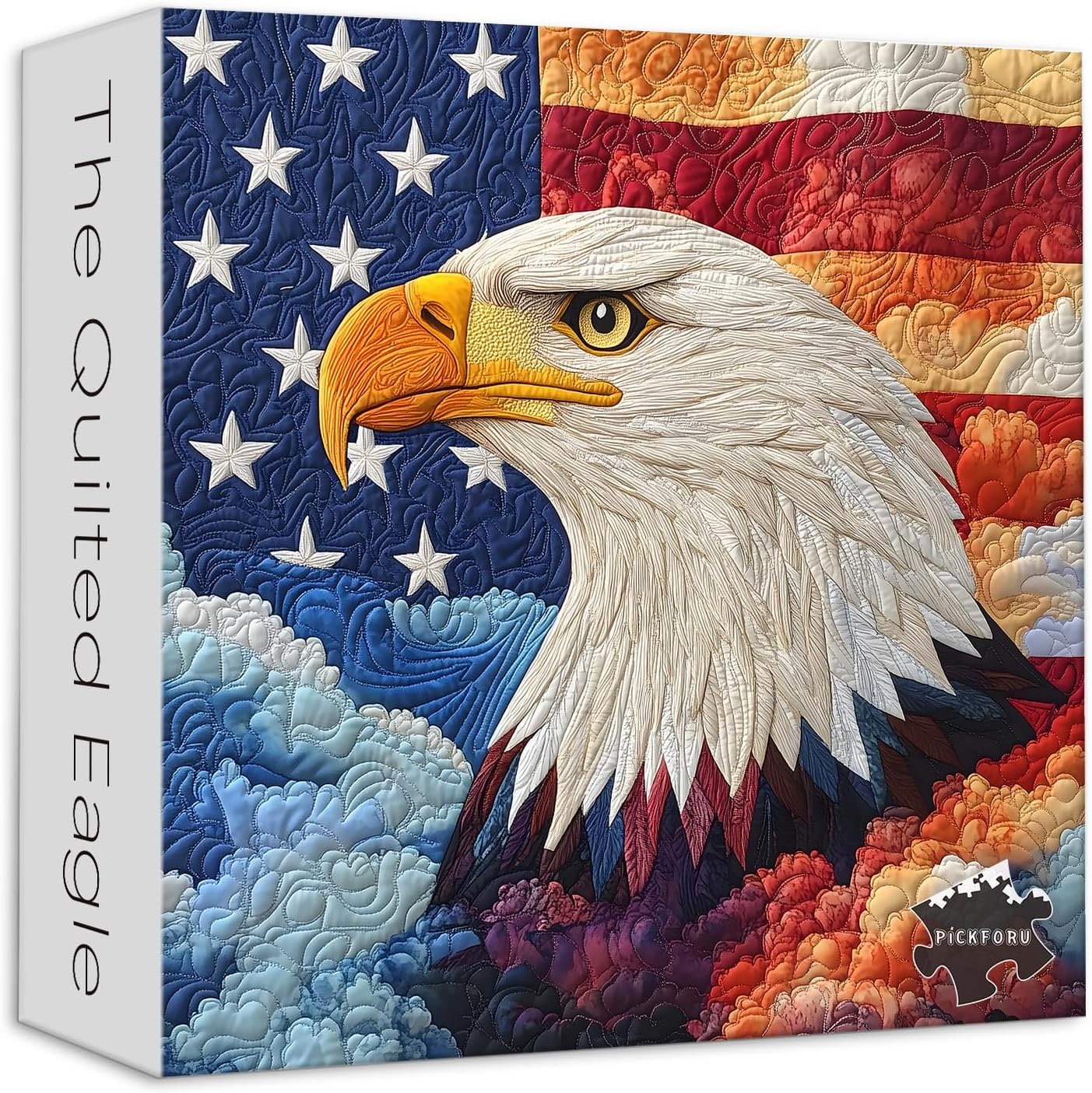 PICKFORU Embroidery Eagle Jigsaw Puzzles 1000 Pieces, American Flag Puzzles for Adults, Colorful Patch Theme as Home Decor