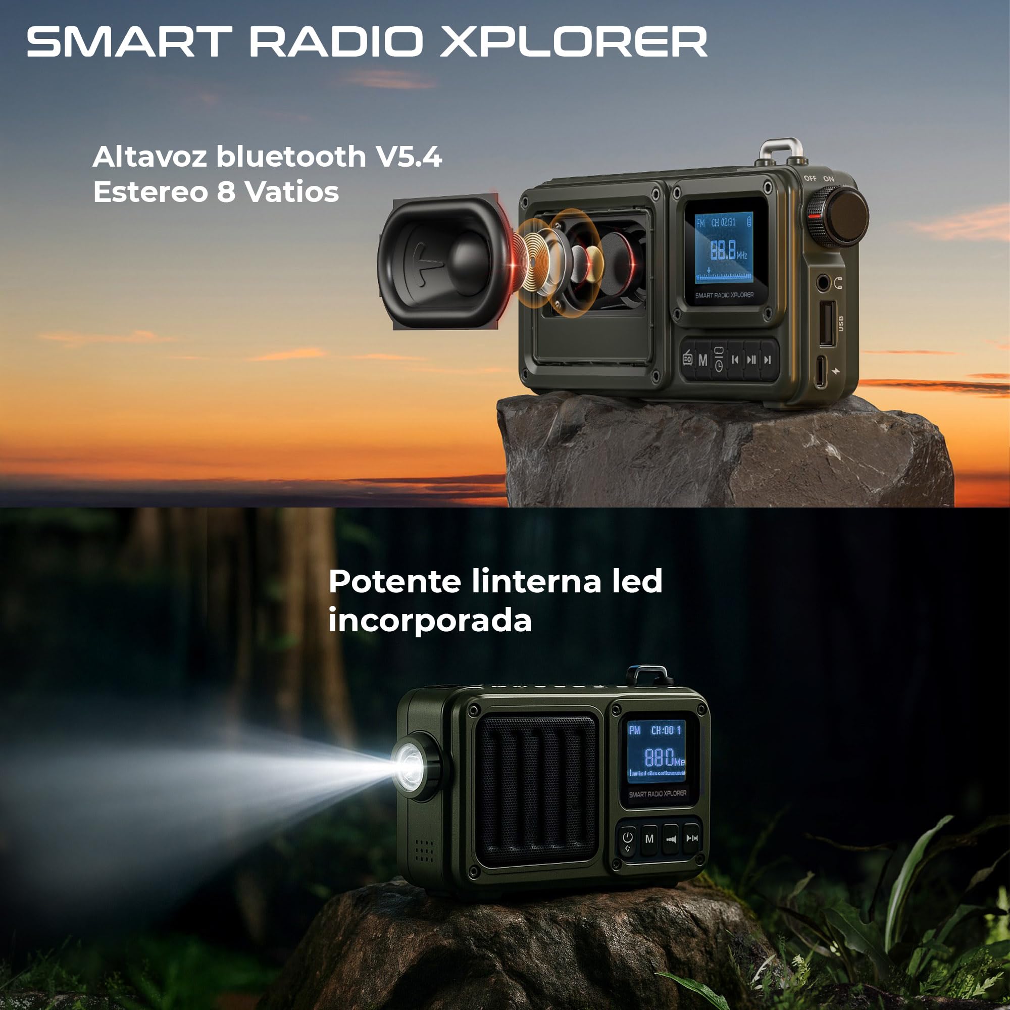 Radio Portable Rechargable 3 en 1 pour Camping Chantier Survie FM Bluetooth Autonomie 20H Puissante – Haut Parleur 8W Micro USB C AUX Compacte Nomade