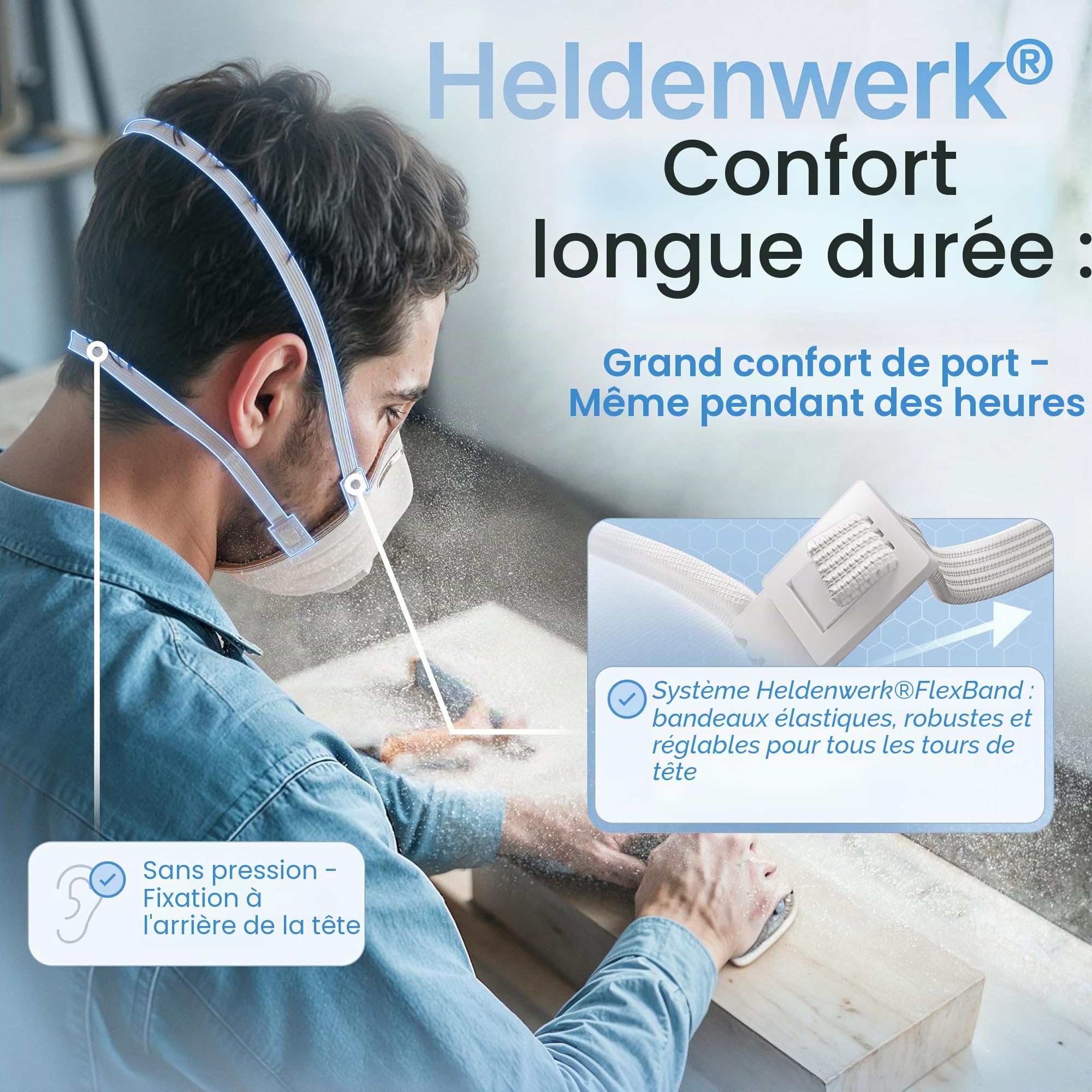HELDENWERK® FFP3 Masque avec valve – Lot de 5, 10 ou 20 – Masque de protection respiratoire/Masque anti-poussière certifié valve de respiration – Masques anti-poussière avec bandeau arrière réglable