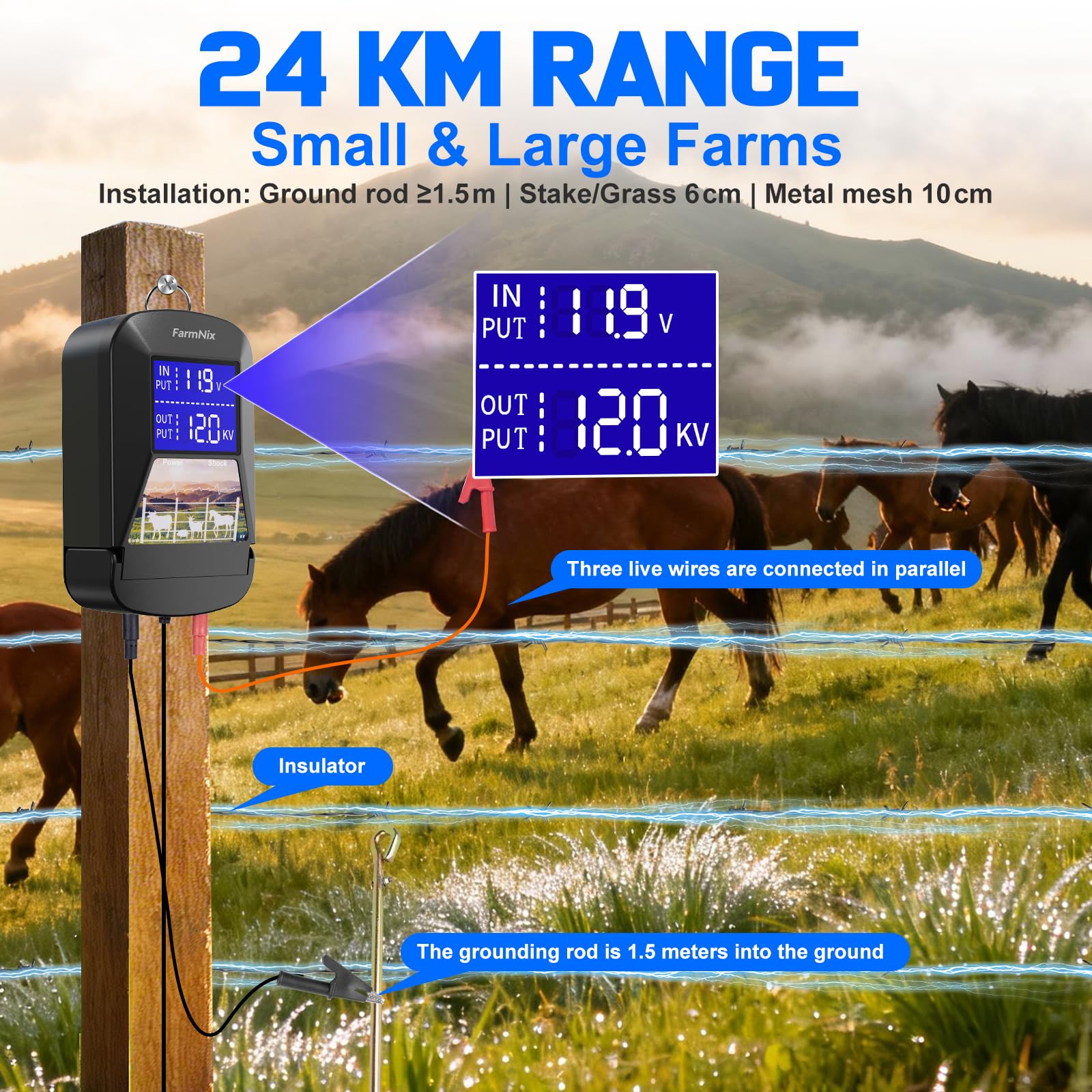 Energizador de Cercas Eléctricas 12V 3 Julios para 24 KM