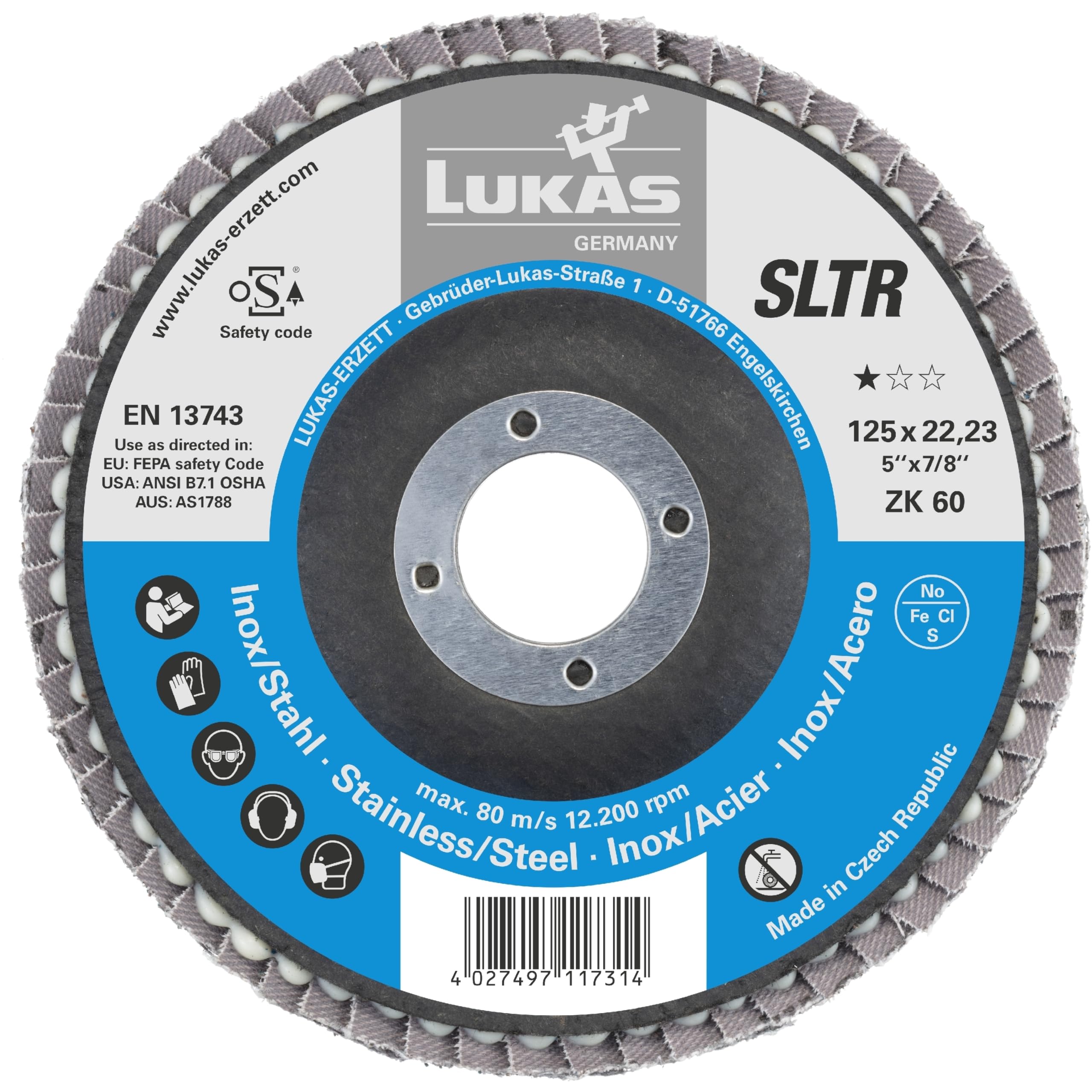 LUKAS-ERZETT - 10 dischi abrasivi a ventaglio SLTR, universali, Ø 125 mm, in zircone, grana 60, obliqua, 13 x 13 x 13 cm