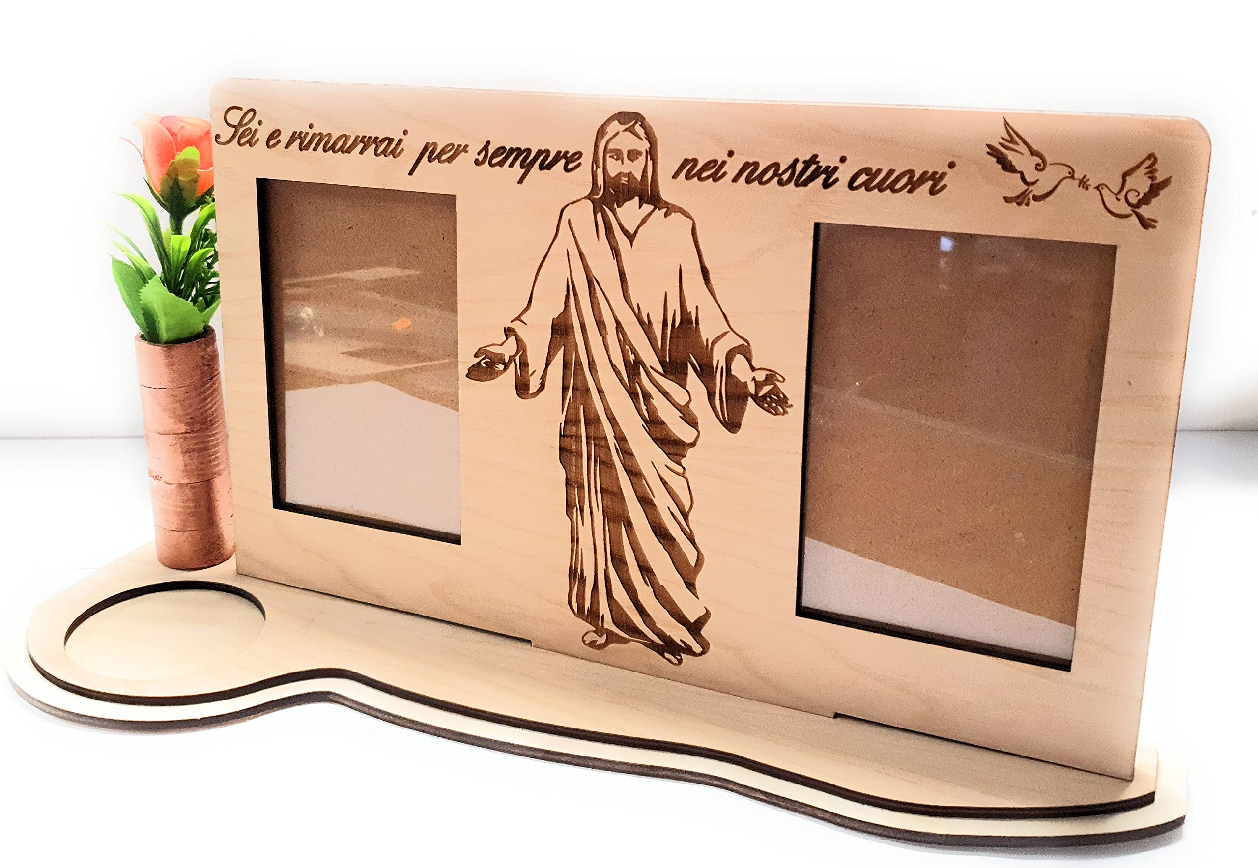 Generico Cornice portafoto commemorativa defunto in legno personalizzata-con vaso per fiore ed incastro per lumino- servizio stampa foto