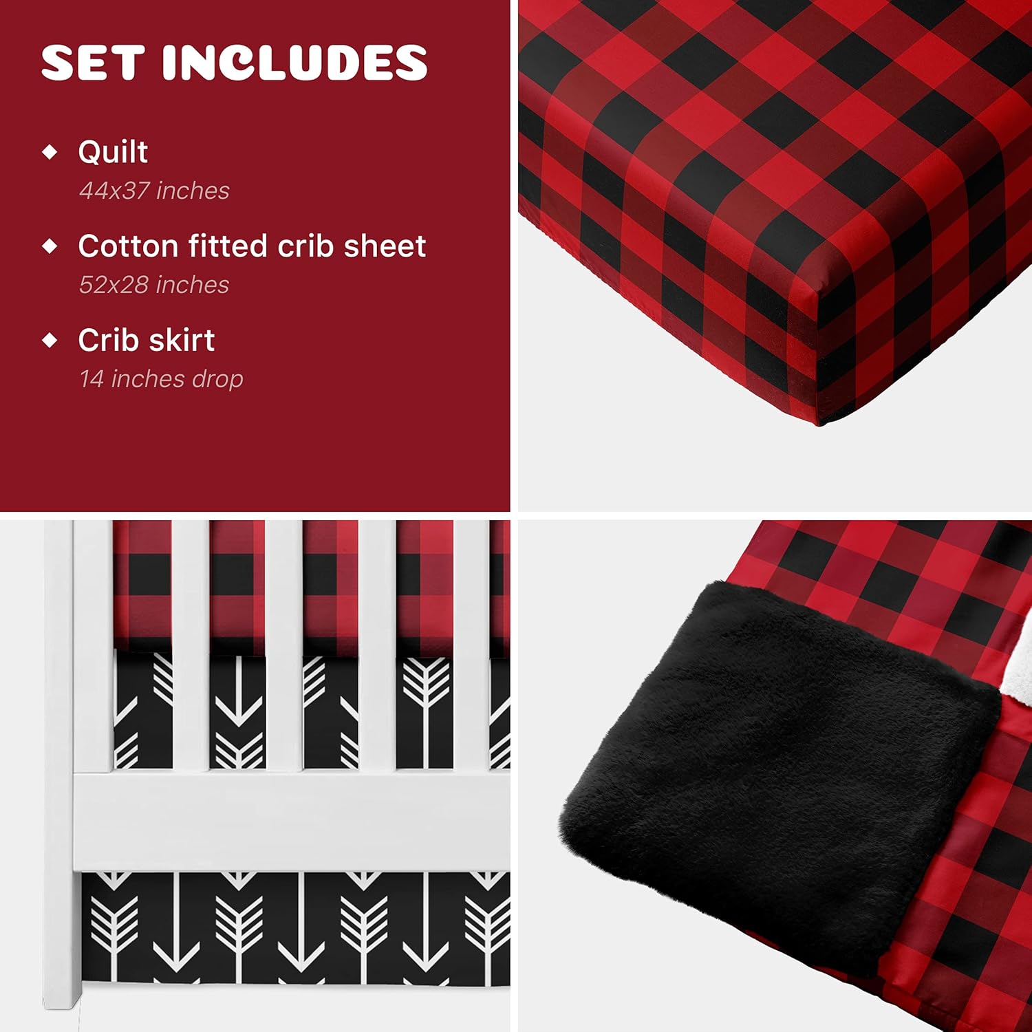 JLIKA Crib Bedding Sets for Boys - 3 Piece Woodland Set for Baby boy Rustic Nursery Decor | Quilt Blanket, Crib Sheet, Skirt - Deer Antler, Arrow Buffalo Plaid (Woodland Deer) (Red Buffalo Plaid)