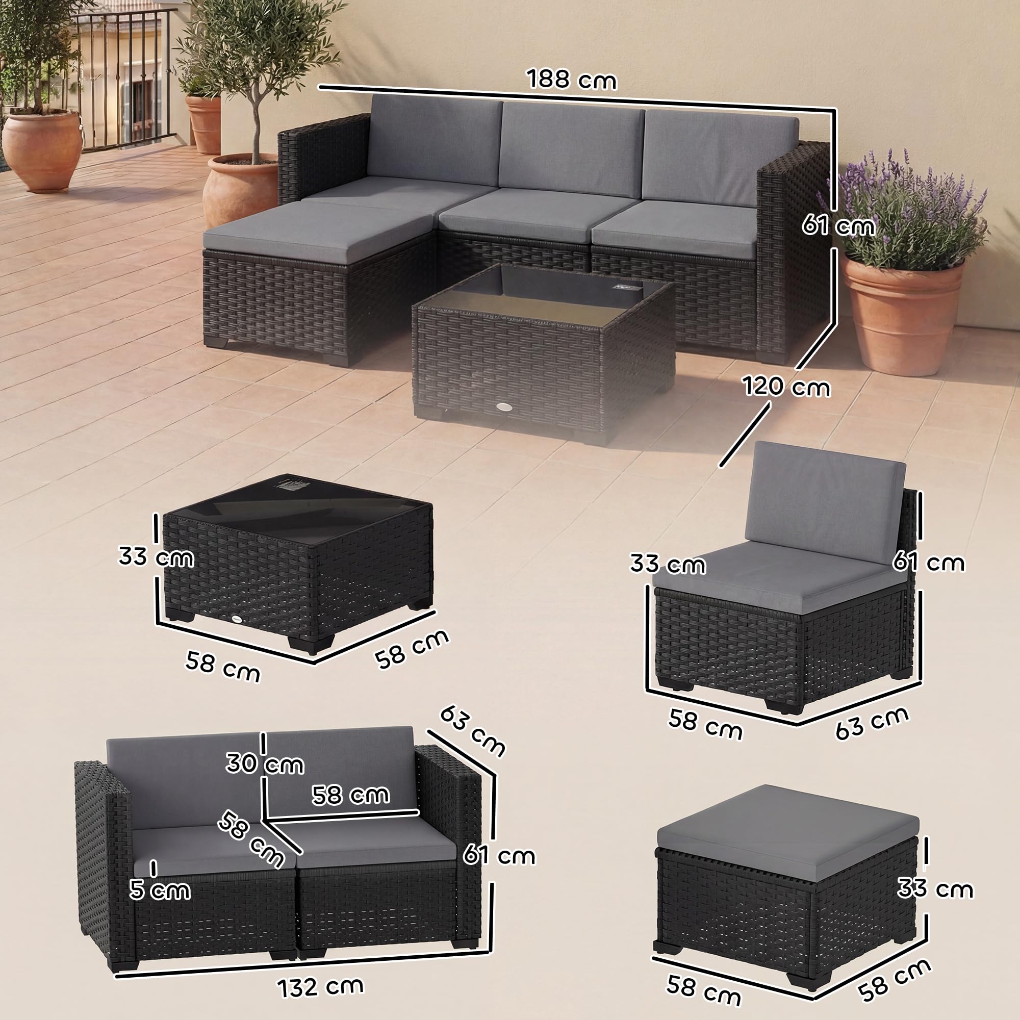 Outsunny Set Salotto da Giardino in Rattan 5 Pezzi, Set di Mobili da Giardino ad L con 3 Sedie Singole, Poggiapiedi, Tavolino in Vetro Temperato, Cuscini, Salottino da Esterno Patio, Grigio/Nero