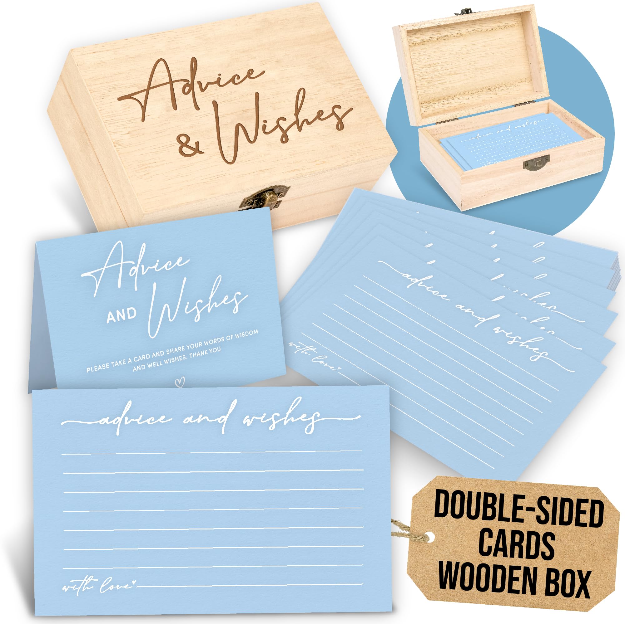 WOODAMORE Advice and Wishes Cards Box - 50 Pcs Blue Wedding Advice Card for Bridal Shower, Baby Shower Advice Cards, Double Sided Advices and Well