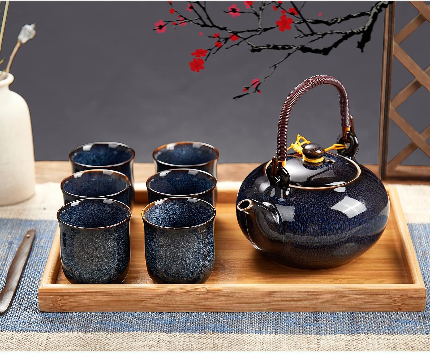 DUJUST Japanese Tea Set for 6, Kiln Altered Glaze Porcelain Tea Set with 1 Teapot, 6 Tea Cups & 1 Tea Tray, Unique Chinese Tea Sets for Adults/Tea Lovers/Women/Men, Dark Blue image 2