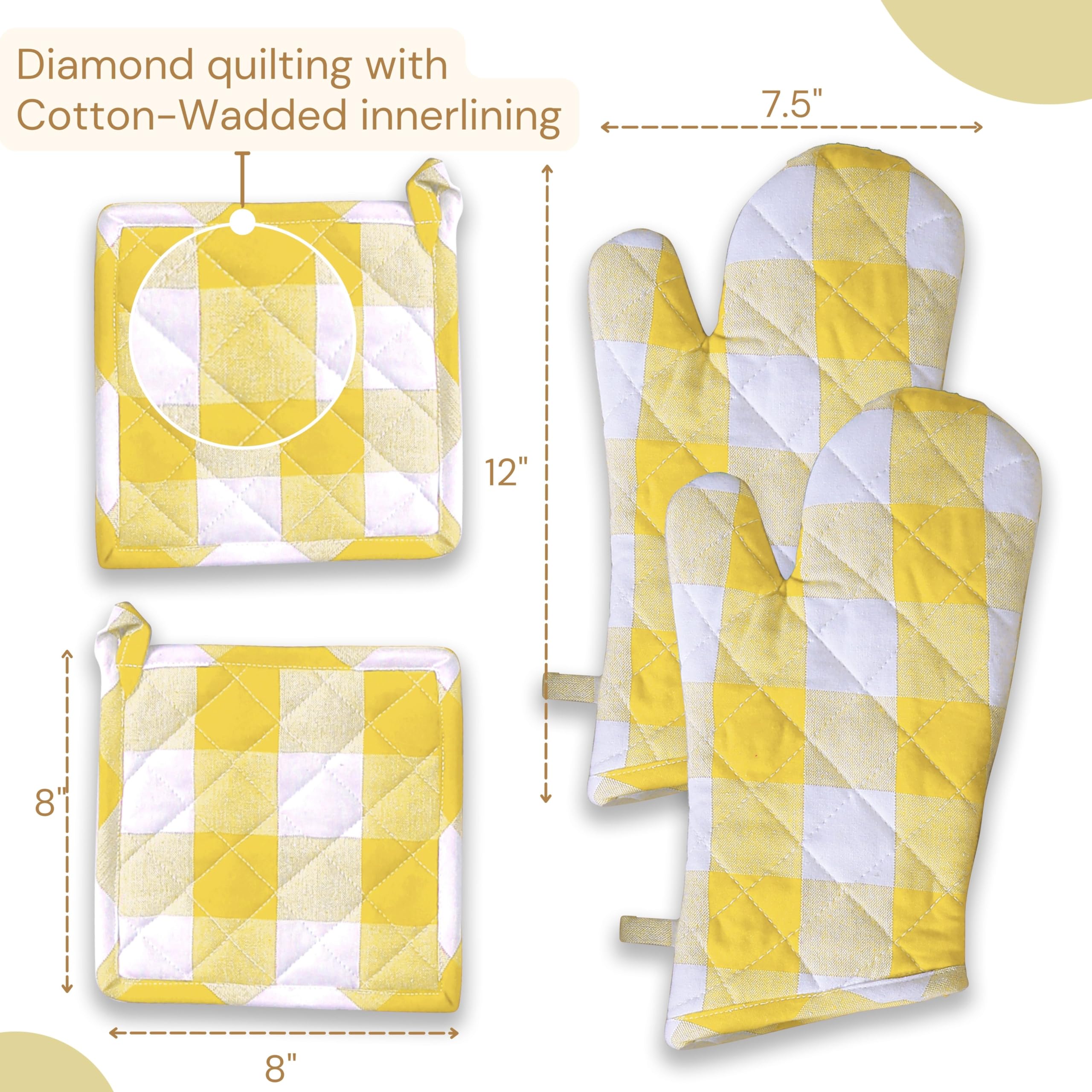 Buffalo - Juego de guantes de horno y soportes para ollas, 100% algodón, resistentes al calor, 2 guantes de horno de 7 x 13 pulgadas y 2 almohadillas calientes de 8 x 8 pulgadas para